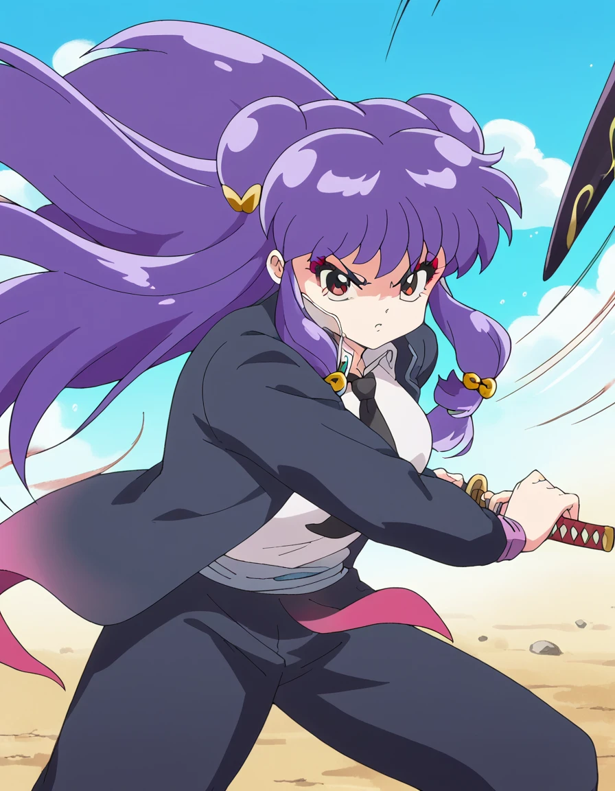 score_9, score_8_up, score_7_up, source_anime, <lora:shampoo-s1-ponyxl-lora-nochekaiser:1>, shampoo, shampoo (ranma 1/2), long hair, hair ornament, red eyes, purple hair, hair bun, double bun, medium breasts, anime screencap,, <lora:battoujutsu-stance-ponyxl-lora-nochekaiser:1>, battoujutsu stance, looking at viewer, holding, weapon, sword, holding weapon, holding sword, standing, katana, sheath, sheathed, fighting stance, ready to draw, shirt, long sleeves, jacket, white shirt, necktie, collared shirt, pants, black jacket, floating hair, black pants, formal, suit, black necktie, black suit, pant suit,,
