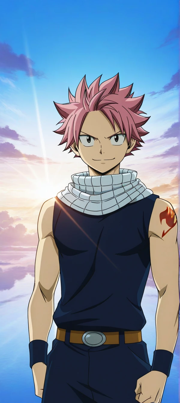 score_9, score_8_up, score_7_up, source_anime, highres, (masterpiece, best quality,cinematic lighting, (anime, anime coloring:1.3),1boy,solo,male focus,cowboy shot,outdoors,sunlight,sky blue,clouds,natsu dragneel,pink hair,spiked hair,black eyes,scarf,tattoo,shorts,smile