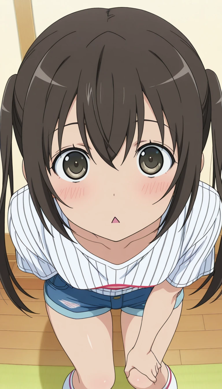 (masterpiece),best quality,amazing quality,very aesthetic,absurdres,newest,perfect body,shiny skin,perfect eyes,detail1eye,well-defined fingers,well-defined fingernails,anime style,indoors,1girl,solo,upper body,(portrait:1.5),looking at viewer,facing viewer,blush,Minami Kana,long hair,brown hair,twintails,hair between eyes,bangs,brown eyes,triangle mouth,collarbone,pinstripe shirt,triple horizontal stripe,red pinstripe,white shirt,denim shorts,short shorts,white socks,<lora:Minami Kana(m-k)-Illus:1.8>,