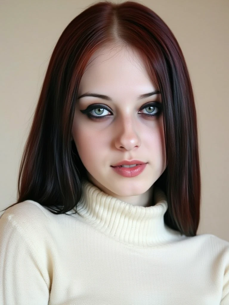 A high-quality, glamour (close-up portrait:1.5) of a young woman dressed in a turtleneck, blending laid-back comfort with a touch of effortless elegance. Her expression is calm and approachable, radiating friendliness and quiet confidence. The setting features a clean, solid background in a soft, neutral tone, with expertly diffused lighting to highlight her natural features and enhance the overall composition. The focus is sharp, capturing fine details like her skin texture, hair, and subtle makeup, creating a polished and professional aesthetic.