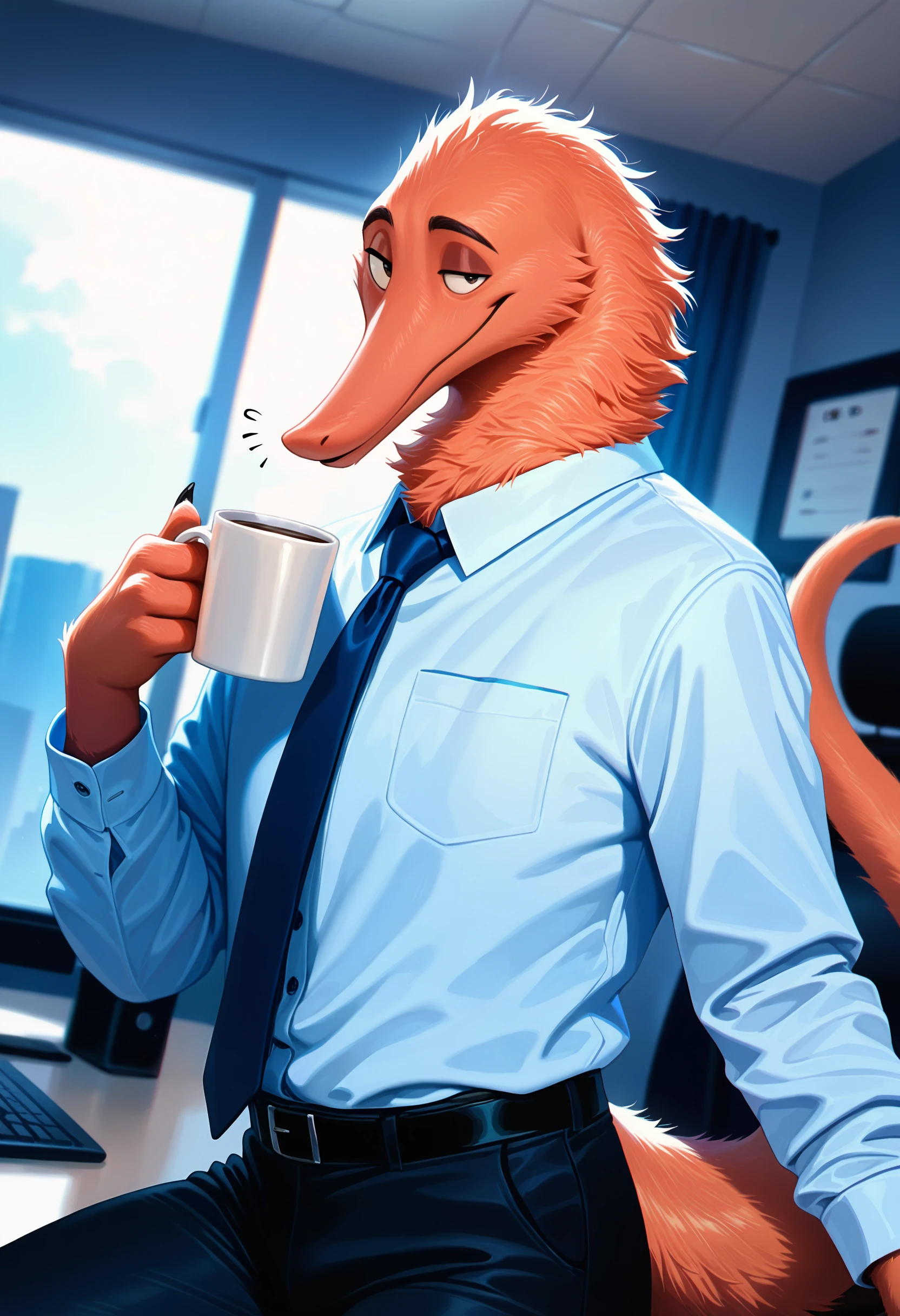photorealism, photorealistic, chromatic aberration, depth of field, detailed background, reflections, detailed fur, cup of coffee, looking at viewer, dutch angle, solo, 1boy, male, squirmle, anthro, no humans, solo, tail, male focus, 1boy, furry, office, leg up, flirty expression, seductive glance, sound effect, (artist:syuro:0.8), (artist:nomax:0.5), (artist:honovy:0.6), (artist:kenket:0.6), (artist:taran fiddler:0.6), masterpiece, best quality, amazing quality, very aesthetic, absurdres, newest, <lora:Squirmle_Species_Illustrious:1.0>,
