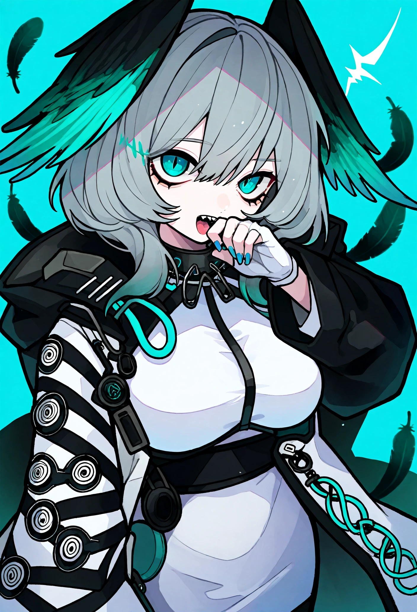<lora:ho'olheyak:0.9> ho'olheyak \(arknights\), 1girl, head wings, solo, grey hair, fingerless gloves,black pantyhose, cowboy shot, masterpiece, naughty face, evil smile, sharp teeth,licking lips, tail, monster girl,looking at viewer, illustration, (glowing:1.2),green theme,(hose:1.1),decorated,dark room,night, high contrast, bright,<lora:fuyuestylev3_10:0.7>