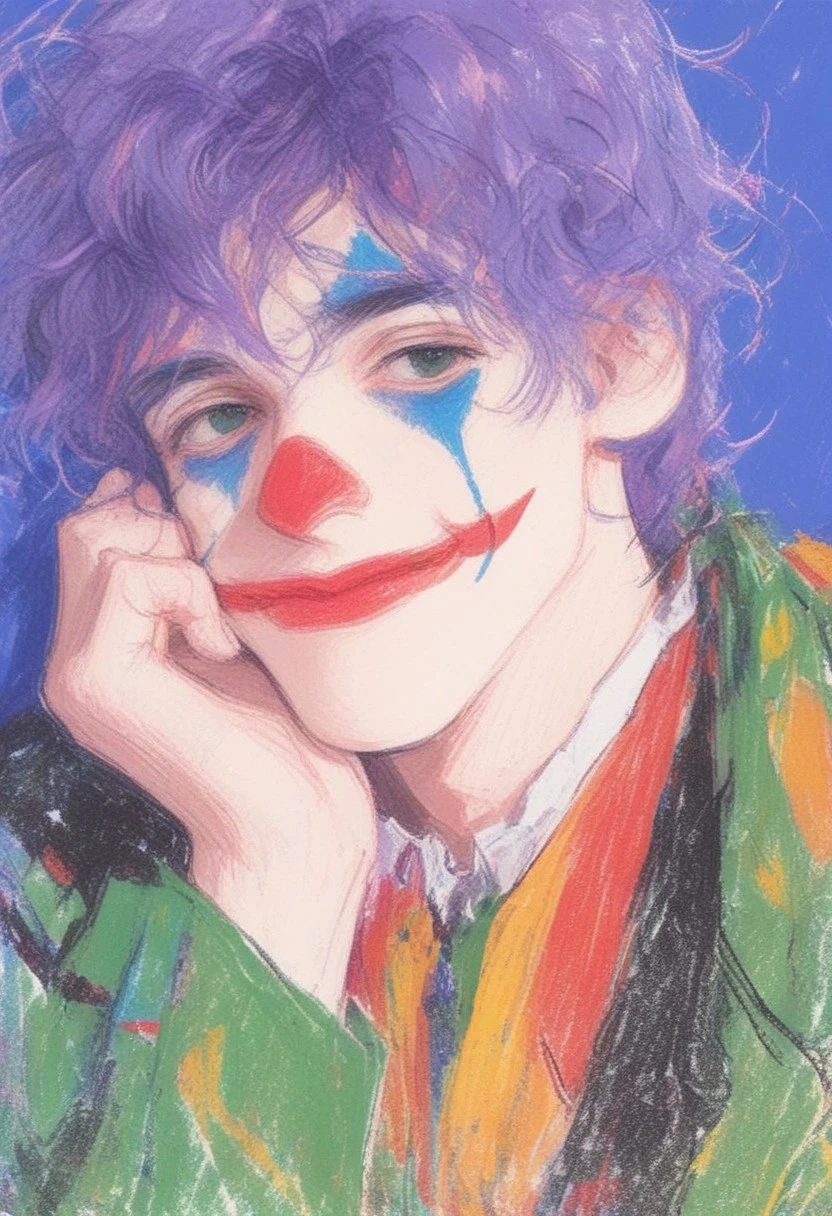 hu99y, 1boy, solo,cowboy shot, bangs, purple hair, head resting on one hand, joker makeup, clown costume, smile, blue background, shadows