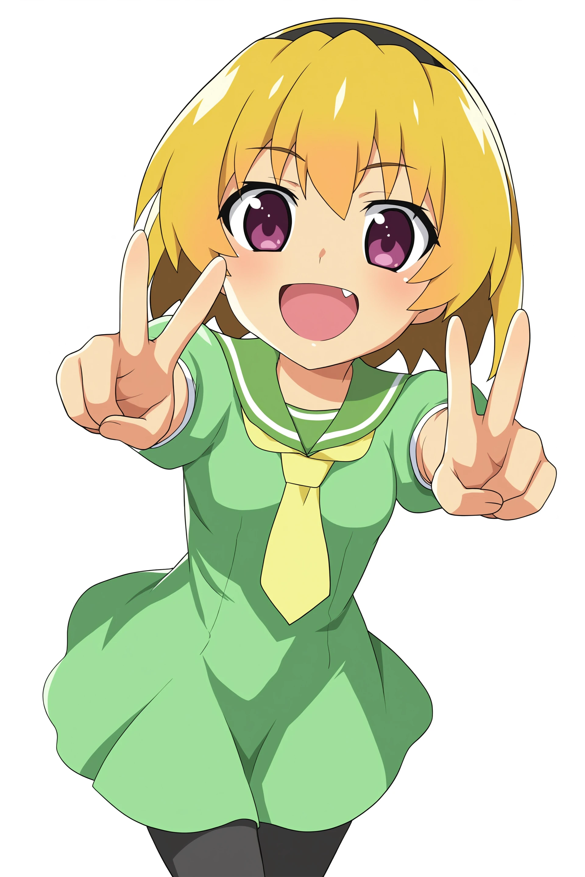 higurashimei, 1girl, houjou satoko, aged down, solo, (small , ), blonde hair, short hair, hairband, ((simple background, white background)), pantyhose, sailor dress, green sailor dress, green dress, yellow necktie, school uniform, dress, smile, happy, open mouth, blush, fang, upper body, looking at viewer, double v, 
(atmospheric perspective), 
(masterpiece, best quality, absurdres, highres, newest, very awa:1.2), 