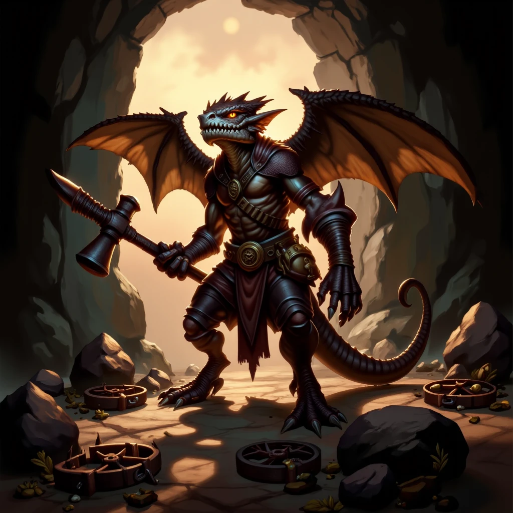 Dark Moody Atmosphere, Dark Fantasy Art, <lora:koboldsv1.0-flux:1> kobolds, fantasy, digital, drawing, humanoid, reptilian, scaly, A determined kobold stands guard at the mouth of a dark cave, brandishing a spiked club. Its leathery wings are spread wide, silhouetted against the glow of a setting sun. Jagged rocks surround the entrance, and crude wooden traps are scattered on the ground. The kobold snarls, its tail flicking back and forth as it prepares to defend its lair from intruders. The faint glimmer of treasure deeper in the cave hints at the hoard it protects., dark, moody, dark fantasy style, dramatic, mysterious, dark moody atmosphere