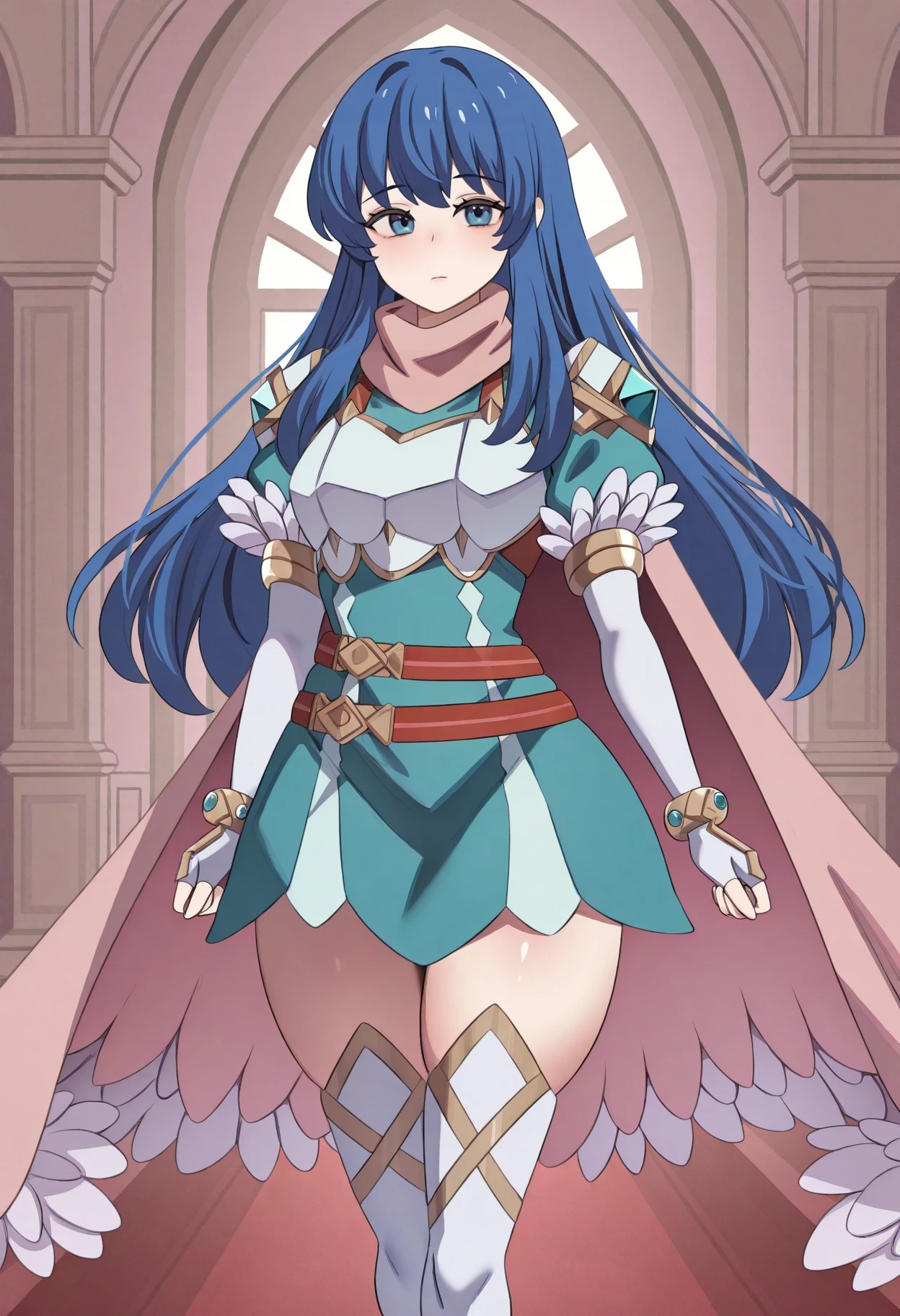 1girl, solo, <lora:hinghoi-artist-richy-v1_ixl:1> <lora:caeda-fe-richy-v1_ixl:1> caedarsp, blue eyes, blue hair, long hair, bangs, pink scarf, shoulder armor, chestpiece, teal dress, white gloves, elbow gloves, fingerless gloves, bracelet, multiple belts, red belt, pink cape, white thighhighs, white boots, feather trim, looking at viewer, indoors, standing