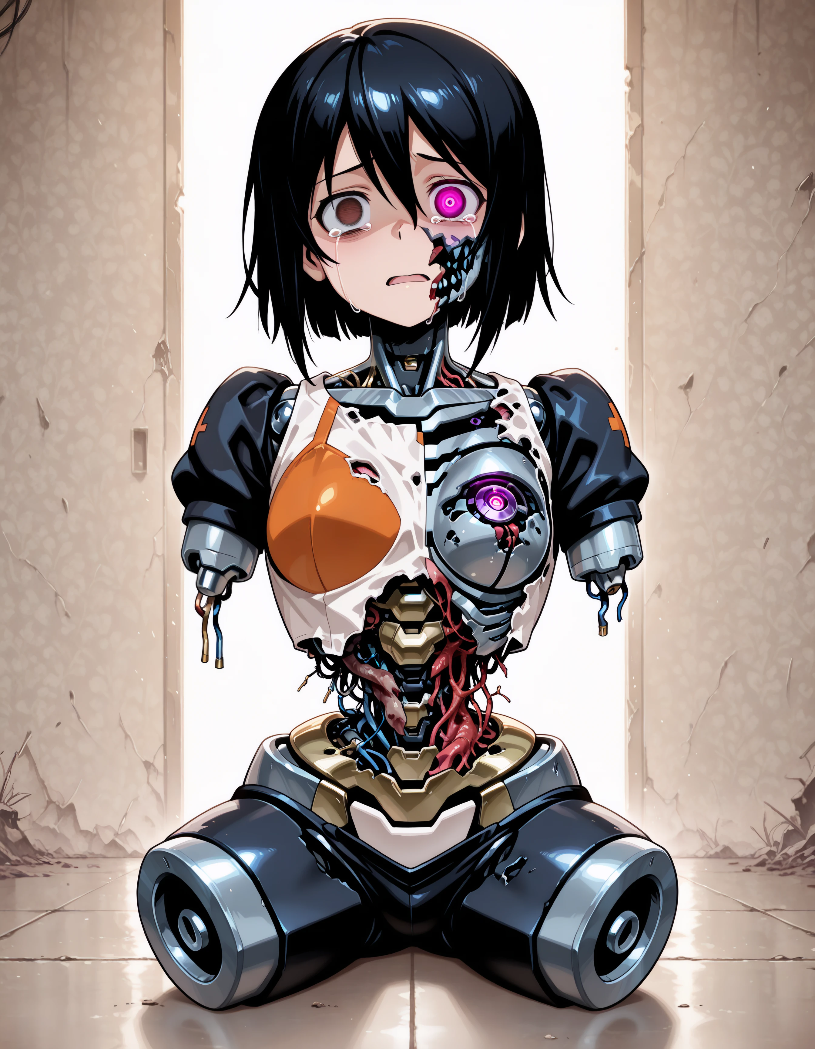 1girl, mechabare,damaged body, android robot, tears, no expression, dead eyes, wires, (amputee:1.3), (simple background), (body horror), hdr, low contrast, good composition
(masterpiece, best quality, absurdres), masterpiece, highres, perfect anatomy, anime style, anime screenshot, 32k wallpaper, ultra high quality, (extremely detailed cg), (perfect lighting), (sharp image), AddXL, 