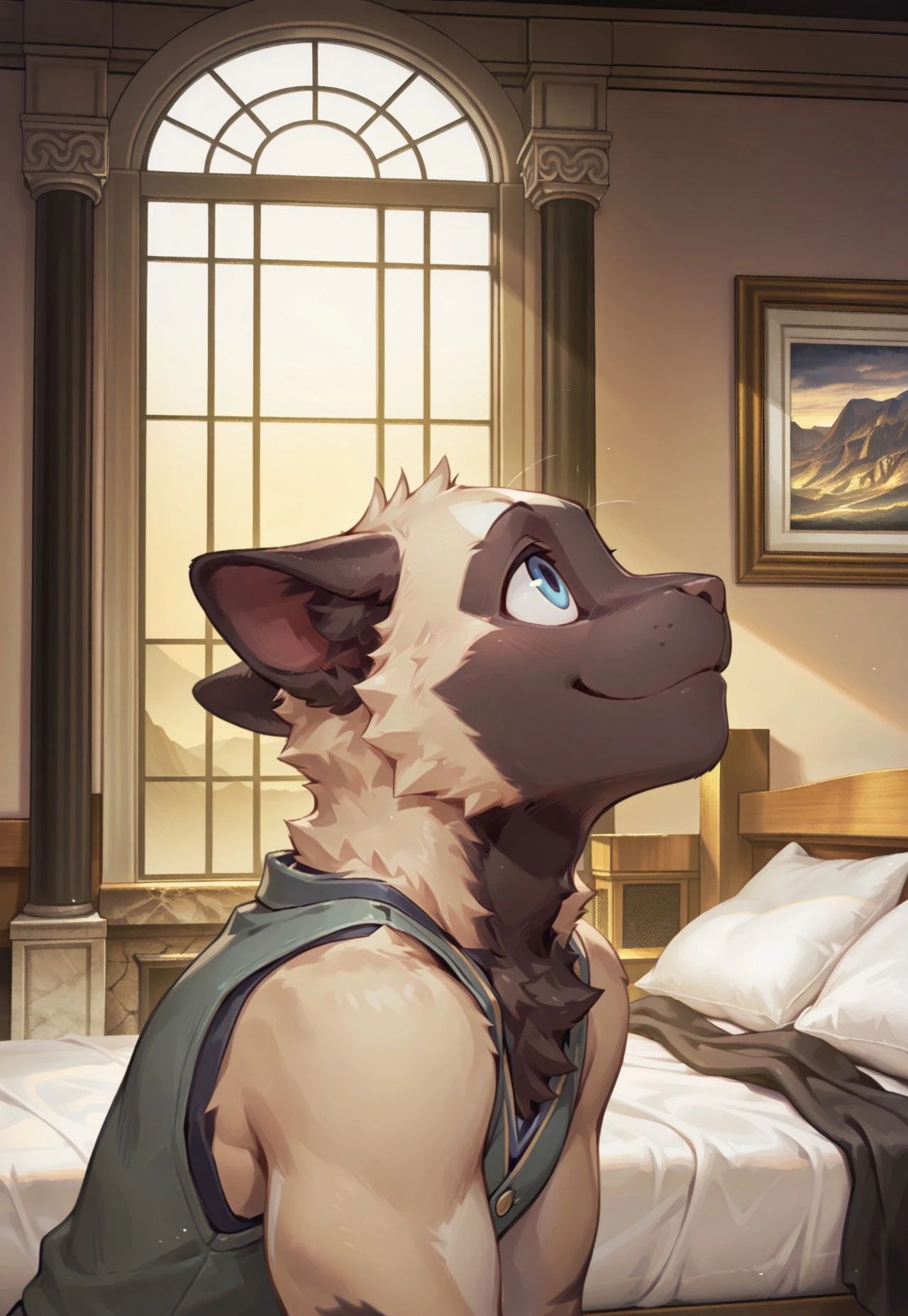 safe_pos, source_anime, furry, 1boy, solo, cyrus, cat boy, blue eyes, smile, face lay on bed, looking up, vest, from side, side view, face focus, close-up, bare shoulder, window, masterpiece, best quality, amazing quality