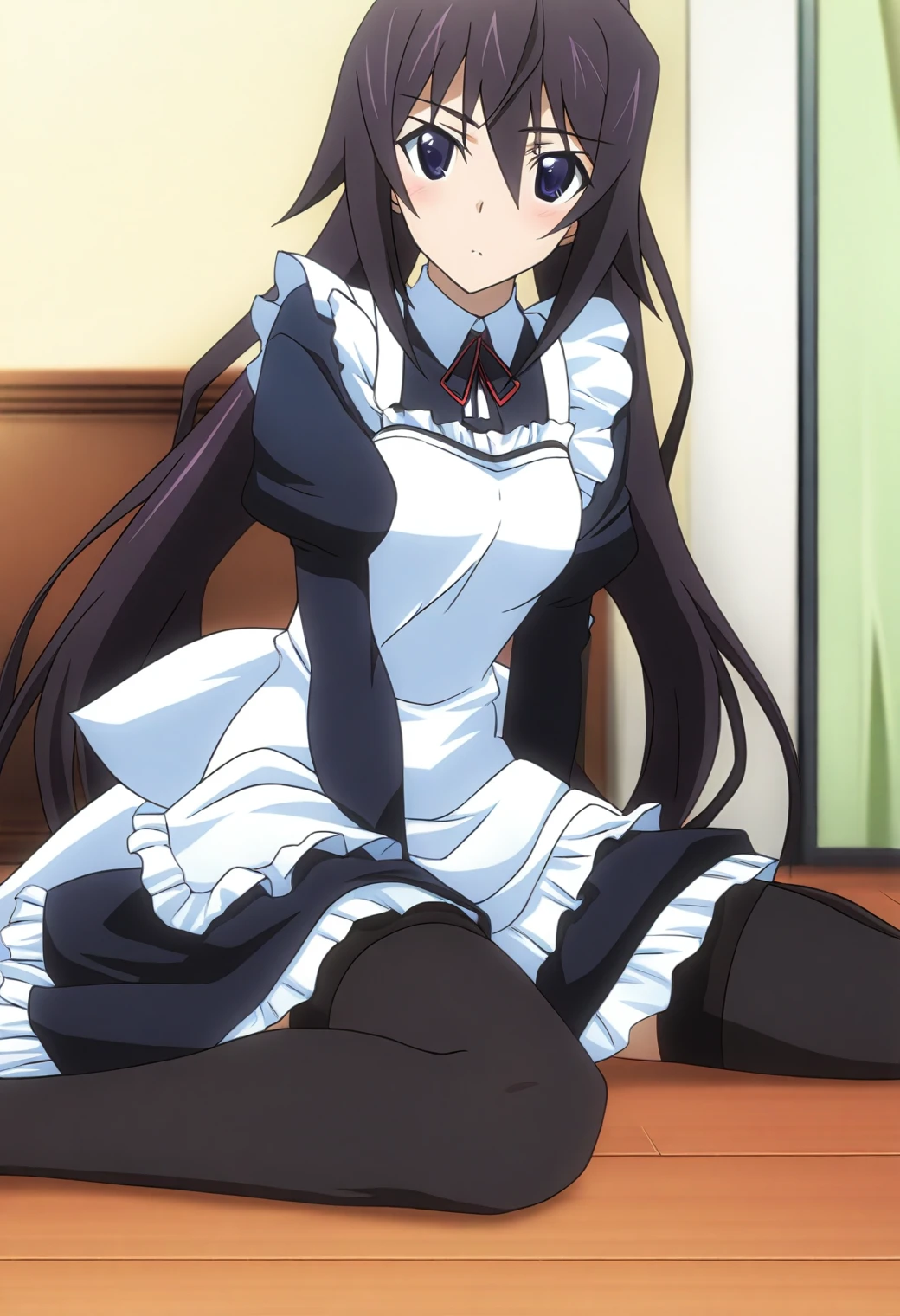 <lora:Houki Shinonono - [Infinite Stratos] - illustriousXL v1:1>, sysdeep_houki, very long hair, ponytail, anime coloring, catgirl, maid dress, indoors, sitting on floor, playful pose, stockings, looking at viewer
