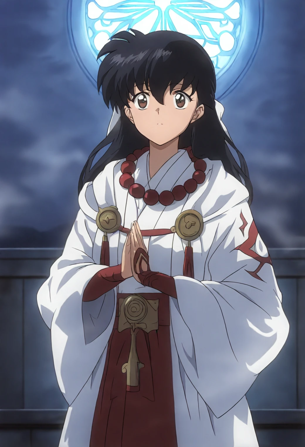 <lora:Kagome Higurashi - [InuYasha] - illustriousXL v1:1>, sysdeep_kagome, black hair, long hair, brown eyes, anime coloring, 1girl, solo, temple at dawn, ceremonial robes, prayer beads, incense smoke, morning light, serene atmosphere