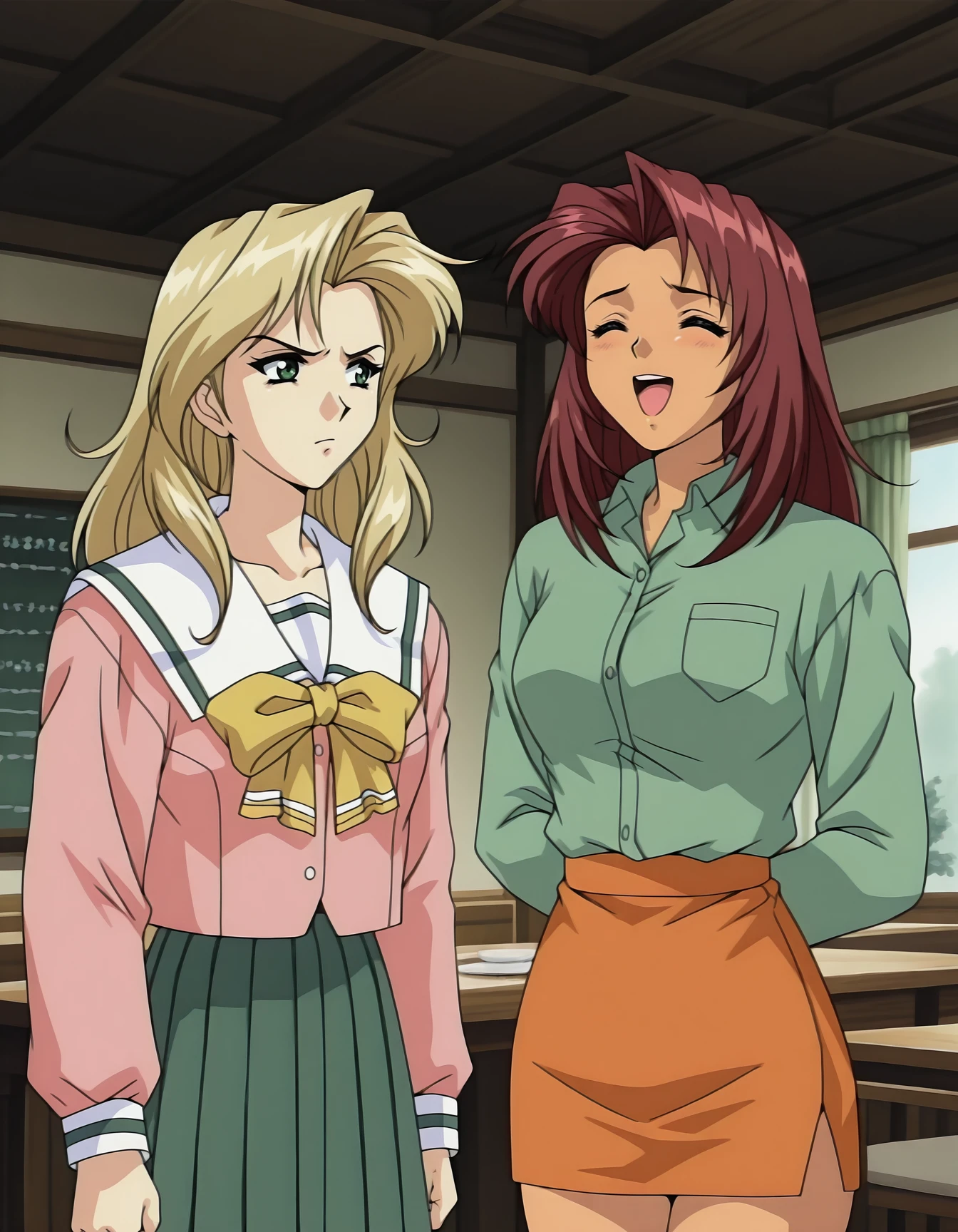 <lora:shuusaku-ova-illustrious-000008:1> 2girls, talking, table, cafe, outdoors, cowboy shot
2girls, kaori, blonde hair, serafuku, pink shirt, yellow bow, pleated skirt, annoyed
2girls, moeko, green shirt, dress shirt, orange skirt, microskirt, closed eyes, laughing, masterpiece, best quality, masterpiece, best quality
