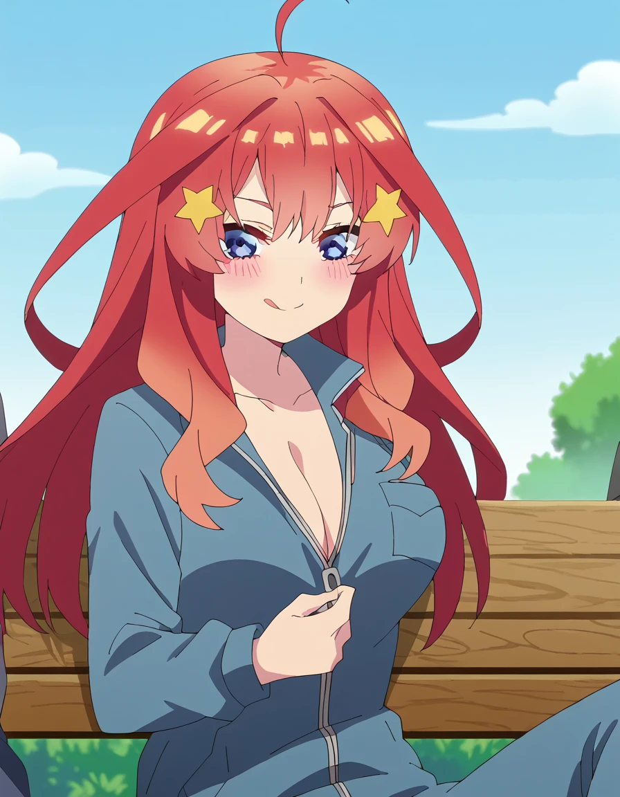 score_9, score_8_up, score_7_up, source_anime, <lora:itsuki-nakano-s2-ponyxl-lora-nochekaiser:1>, itsuki nakano, bangs, long hair, blue eyes, hair between eyes, ahoge, red hair, star (symbol), hair ornament, star hair ornament, large breasts, anime screencap, <lora:yaranaika-ponyxl-lora-nochekaiser:1>, yaranaika, looking at viewer, blush, smile, cleavage, sitting, collarbone, tongue, tongue out, naughty face, licking lips, bench, unzipping, jumpsuit, pants, pocket, breast pocket,, ,