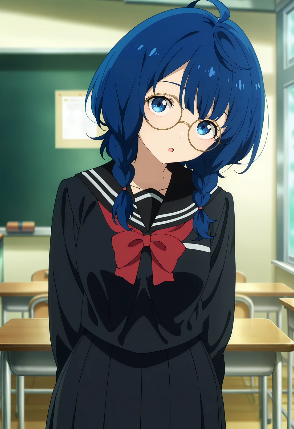 anime screencap, masterpiece, best quality,
<lora:MakeHeroineGaOosugiru_YanamiAnna_IlluXL:0.9>,
1girl, solo, :o,
low twin braids, long hair, blue hair, blue eyes, ahoge, round eyewear,
black sailor collar, serafuku, black shirt, red bowtie, pleated skirt, black skirt,
standing, looking at viewer, head tilt,
blurry background, classroom