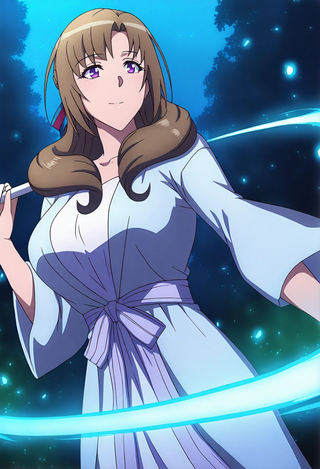 <lora:Mamako Oosuki - [Do You Love Your Mom and Her Two-Hit Multi-Target Attacks] - illustriousXL v1:1>, sysdeep_mamako, long hair, brown hair, purple eyes, mature, anime coloring, 1girl, solo, forest clearing, magical circle, long flowing robe, glowing staff, moonlight, enchanted forest, mystical expression, floating particles