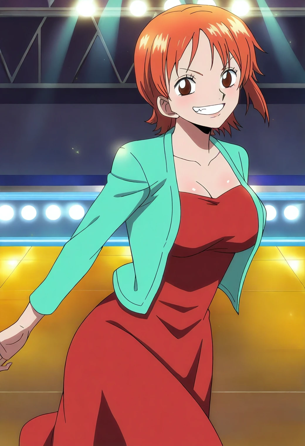 <lora:Nami (Pre Timeskip) - [One Piece] - illustriousXL v1:1>, sysdeep_nami, large breasts, short hair, orange hair, brown eyes, anime coloring, 1girl, solo, dance floor, spinning motion, low-cut dress, sparkling fabric, glowing lights, teasing grin, dramatic pose