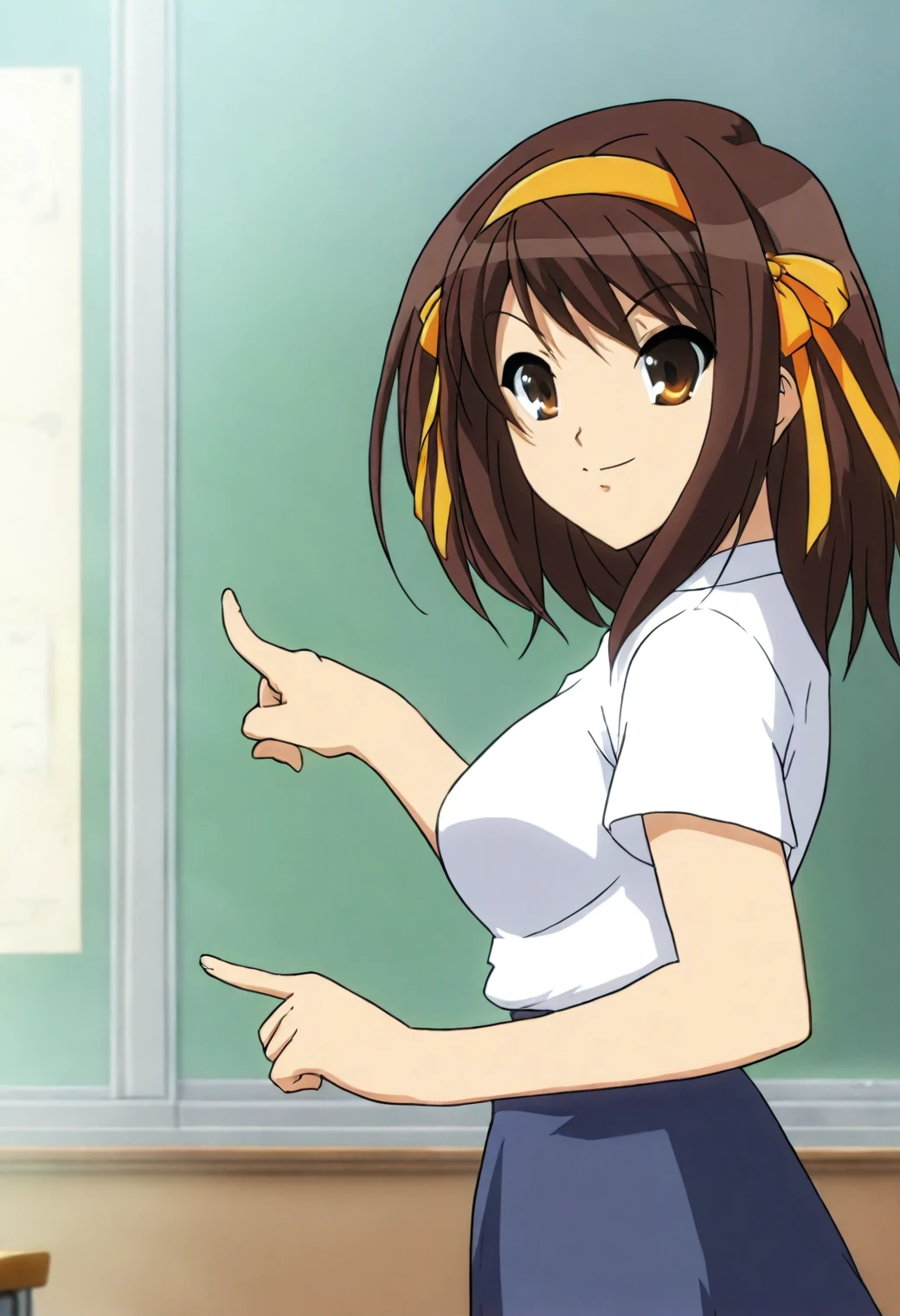 <lora:Haruhi Suzumiya - [The Melancholy of Haruhi Suzumiya] - illustriousXL v1:1>, sysdeep_haruhi,, medium hair, hairband, brown hair, brown eyes, anime coloring, 1girl, solo, classroom, pointing to board, lesson in progress, white blouse, navy skirt, teaching pose, confident smile