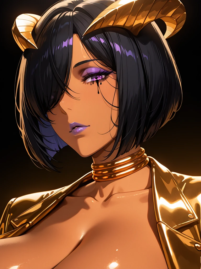 hires, masterpiece, high detail RAW color art, volumetric lighting, colored lighting, high contrast, mature female, milf
<lora:Senga_Sally:0.7> sengasally, black hair, hair over one eye, tan skin, short hair, purple eyes, horns, bob cut, purple lips, neck rings, armlet, ((detailed)), eyelashes, plump lips, purple lips, purple eyeshadow, runny mascara, collarbone, gold jacket, open jacket, close-up, face, looking at viewer, gold glow