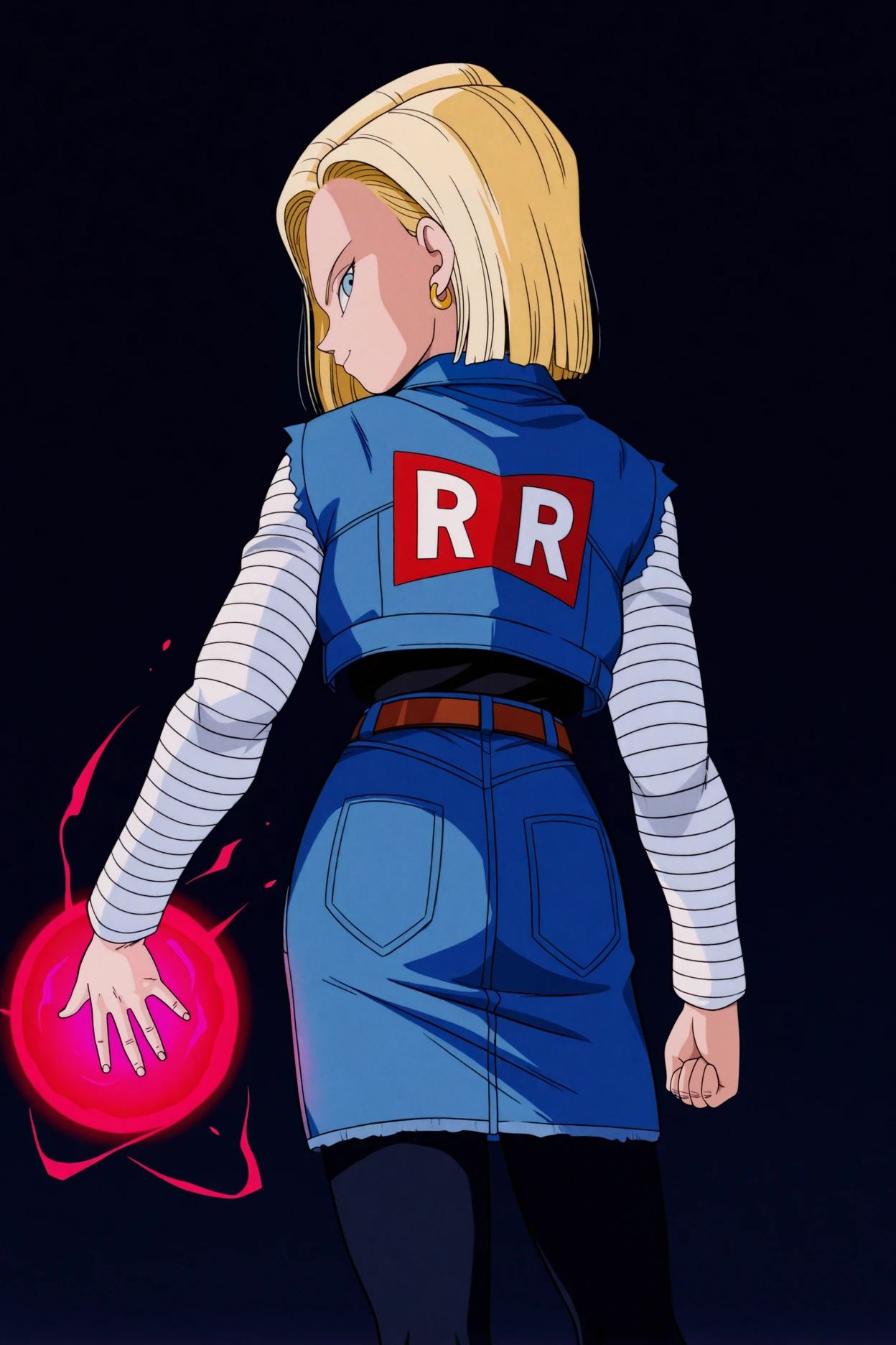 masterpiece,best quality,a18, leold style,1girl, solo, from behind, blonde hair, light blue eyes, blue denim jacket, (rr:1.1), red back print, profile, looking back, dark background, black shirt, white striped sleeves, open hand, blue denim skirt,standing,arm at side,arms at side,short hair,hand down,black leggings,closed mouth,(evil smile:0.8),energy ball on hand,red energy ball,yellow earring, brown belt,back patch <lora:Android18IllusV2:1>