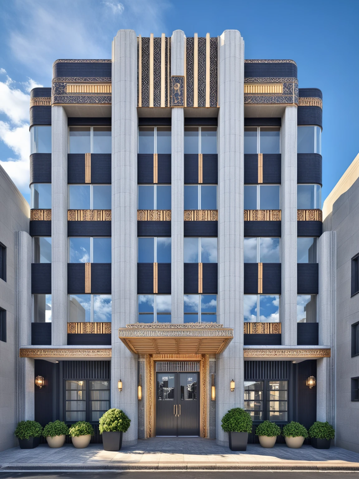 <lora:JJsArtdecoBuilding_XL:1> , ((Artdeco Building)), ((Building)),(masterpiece) , ((best quality)), dramatic lighting, high quality, outdoors, sky, day, cloud, blue sky, building, scenery, road, real world location, sunlight, enough detail, high resolution,super realistic, Photorealistic, highly detailed, balcony, plants, door,, parking slot, paving, highly detailed,, city, cityscape,