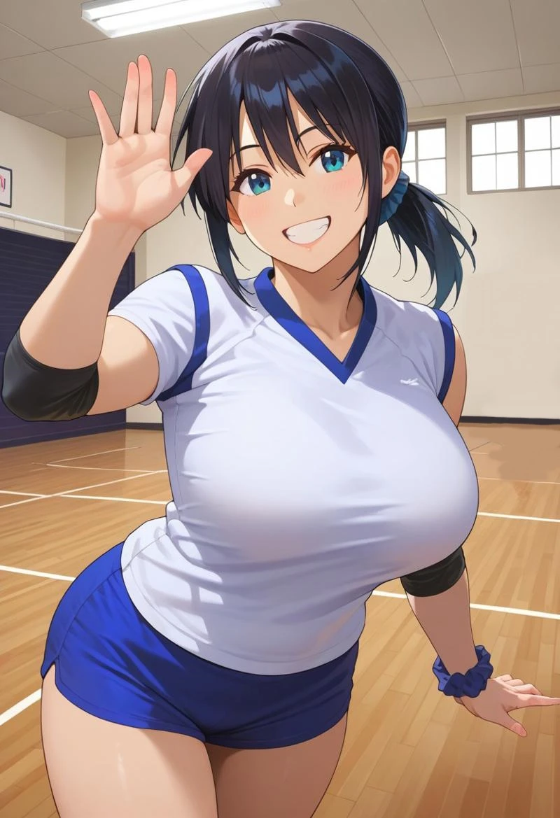 (high quality, High resolution, The finer details), playground, break (brm), (Dark blue bloomers), break (hachimaki), break (White gym clothes), break solo, Curvy Women, Black Hair, Sparkling eyes, (Detailed eyes:1.2), smile, blush, Sweat, Oily skin, West Shot, Shallow depth of field,Large Breasts
