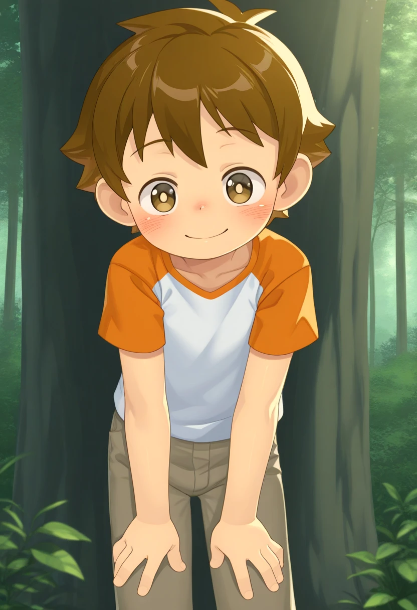 <lora:cutifiedanimecharacterdesign_variant_type_E_IL_v10:1>
forest,
type_e, blush, brown eyes,male focus, brown hair, pants, 1boy, hapy face expression, smile, shirt, solo,