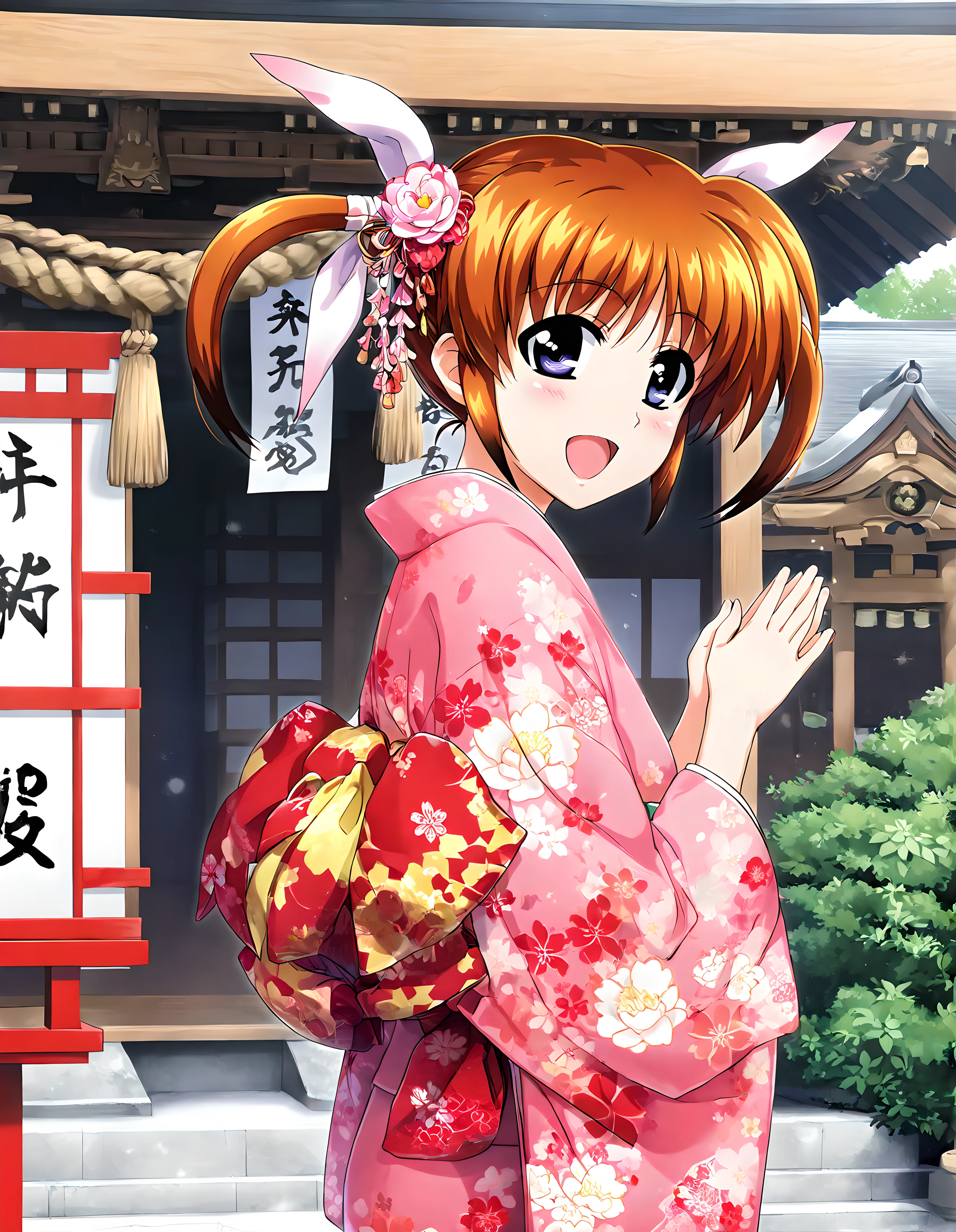 <lora:illustrious_XL_nanoha_v2:0.9>,nanoha,masterpiece,best quality,good quality,1girl,solo,japanese clothes,kimono,floral print,looking back,own hands together,shrine,upper_body,;d,