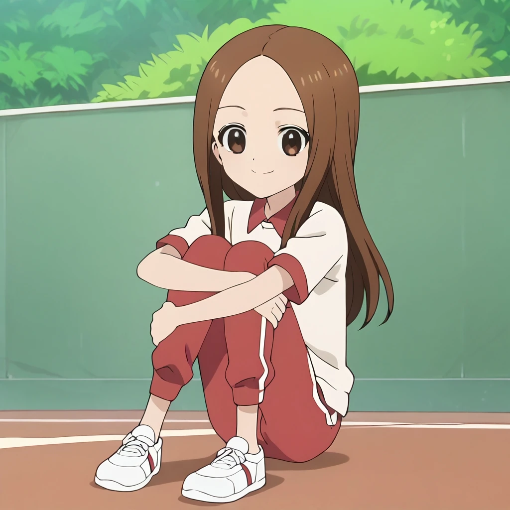 score_9,score_8_up,score_7_up, anime screencap, RAN, source anime, anime screenshot, anime coloring, himitsustyle, solo female, 1girl, brown hair, brown eyes, brown hair, forehead, short sleeves, looking at viewer, gym clothes, sitting on floor, hugging legs, side view, long hair, outdoors, looking_at_viewer, cowboy shot, smile, closed mouth, school campus, <lora:Himitsu_no_Cocotama:0.7> <lora:KJnTs_TakagiXLpony001:0.8>