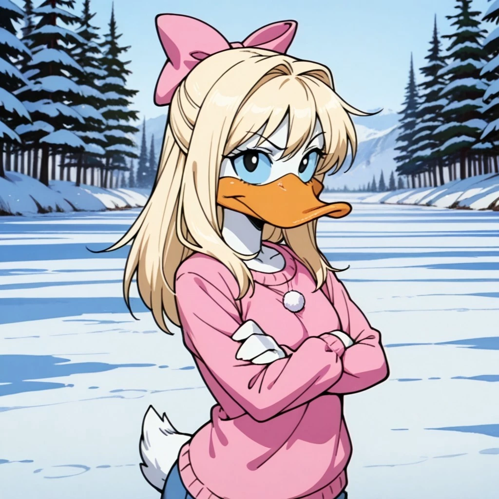 masterpiece, best quality, amazing quality, ShirleyttaIl, semi-anthro, female, duck, blonde hair, blue sclera, black eyes, white feathers, pink bow, pink shirt, standing, outside, winter, snow, crossed arms, freezing