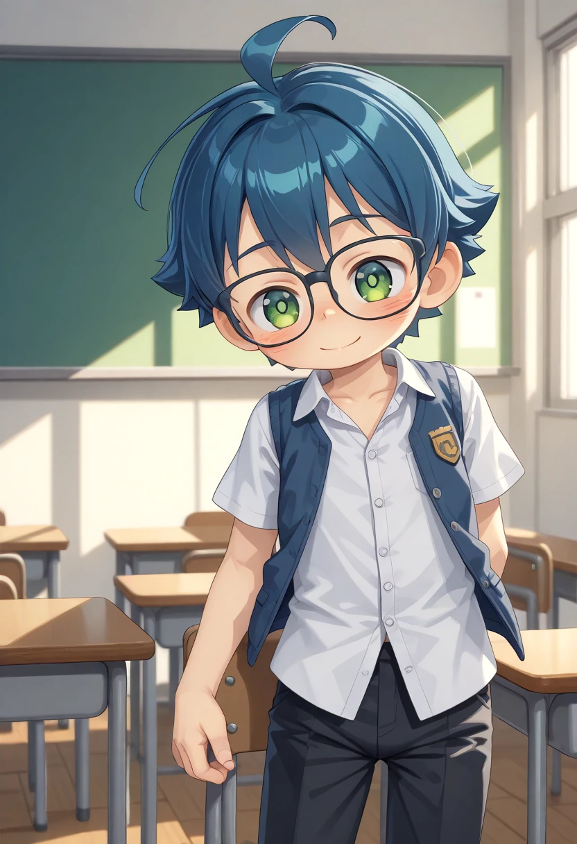 <lora:cutifiedanimecharacterdesign_variant_type_E_IL_v10:1>
type_e, blush, green eyes,male focus, blue hair, pants, 1boy, hapy face expression, smile, shirt, glasses, solo, open vest, classroom