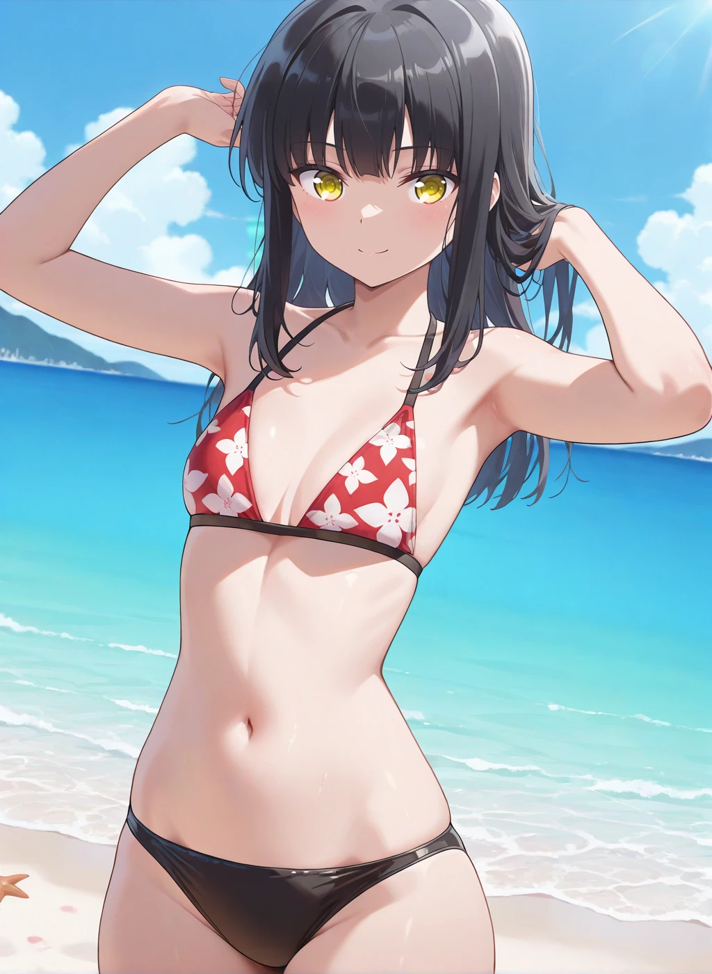 (masterpiece:1.2),(Highest quality), (High resolution), (unity 8k wallpaper), (shape:0.8), (Beautiful attention to detail:1.6), Highly detailed face Yorbraia, (Yor Briar), Black Hair, (Red eyes:1.5), Earrings, Long Hair, white hairband, (Medium Breasted:1.2), smile, Put your arms behind your back, whole body, Extremely detailed CG, (Perfect hands, Perfect Anatomy), (red side-tie bikini bottom), (wet: 1.3), View your viewers, enter the sea, Cowboy Shot, dutch angle, Outdoors, beach