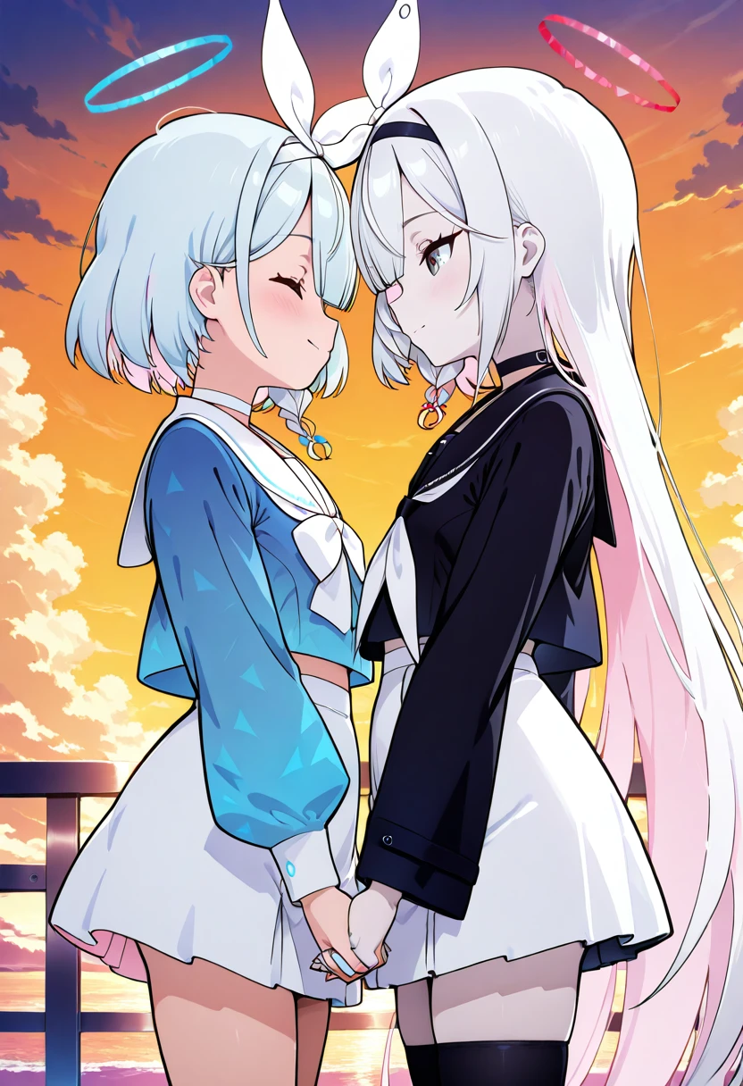 masterpiece, best quality, eyelashes, (beautiful eyes), long hair, blush, smile, short hair, bangs, multiple girls, skirt, shirt, long sleeves, bow, ribbon, 2girls, zzPlana,closed mouth, school uniform, blue hair, jacket, closed eyes, hair ribbon, braid, white hair, multicolored hair, pleated skirt, hairband, outdoors, sky, serafuku, choker, cloud, bowtie, sailor collar, yuri, looking at another, neckerchief, grey eyes, single braid, profile, holding hands, halo, white skirt, cloudy sky, blue shirt, white bow, interlocked fingers, white ribbon, puffy long sleeves, sunset, black serafuku, white sailor collar, face-to-face, bow hairband, evening, white neckerchief, orange sky, blue serafuku, zzArona , <lora:PlanaArona_IXL:1.0>,