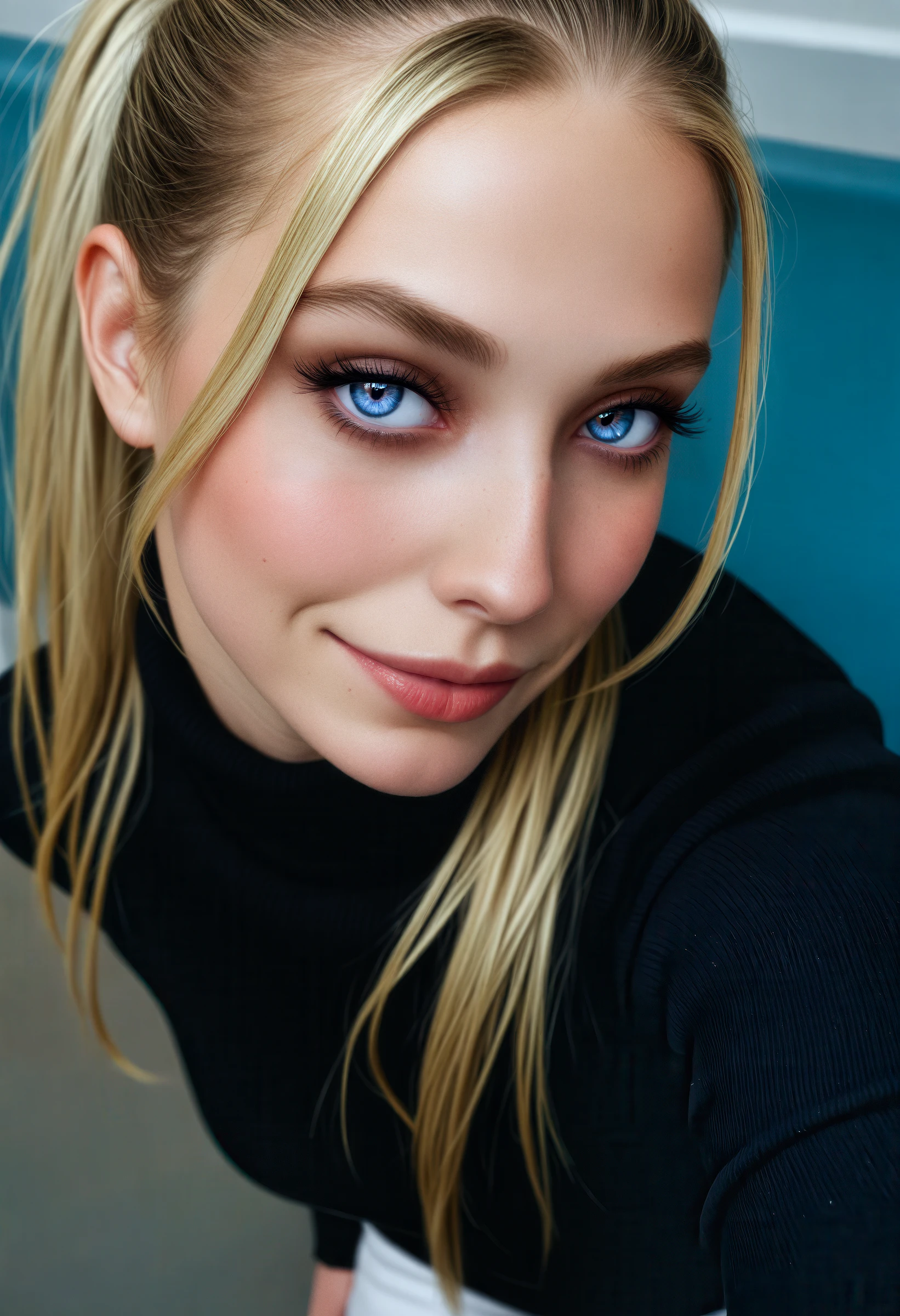 photorealistic, cinematic photo, 22yo woman, tone skin, blonde hair, blue eyes, long hair, ponytail, long eyelashes, turtleneck, close up, first person, pov, teasing, RAW candid cinema, 16mm, color graded portra 400 film, remarkable color, detailed pupils, realistic dull skin noise, visible skin detail, skin fuzz, dry skin