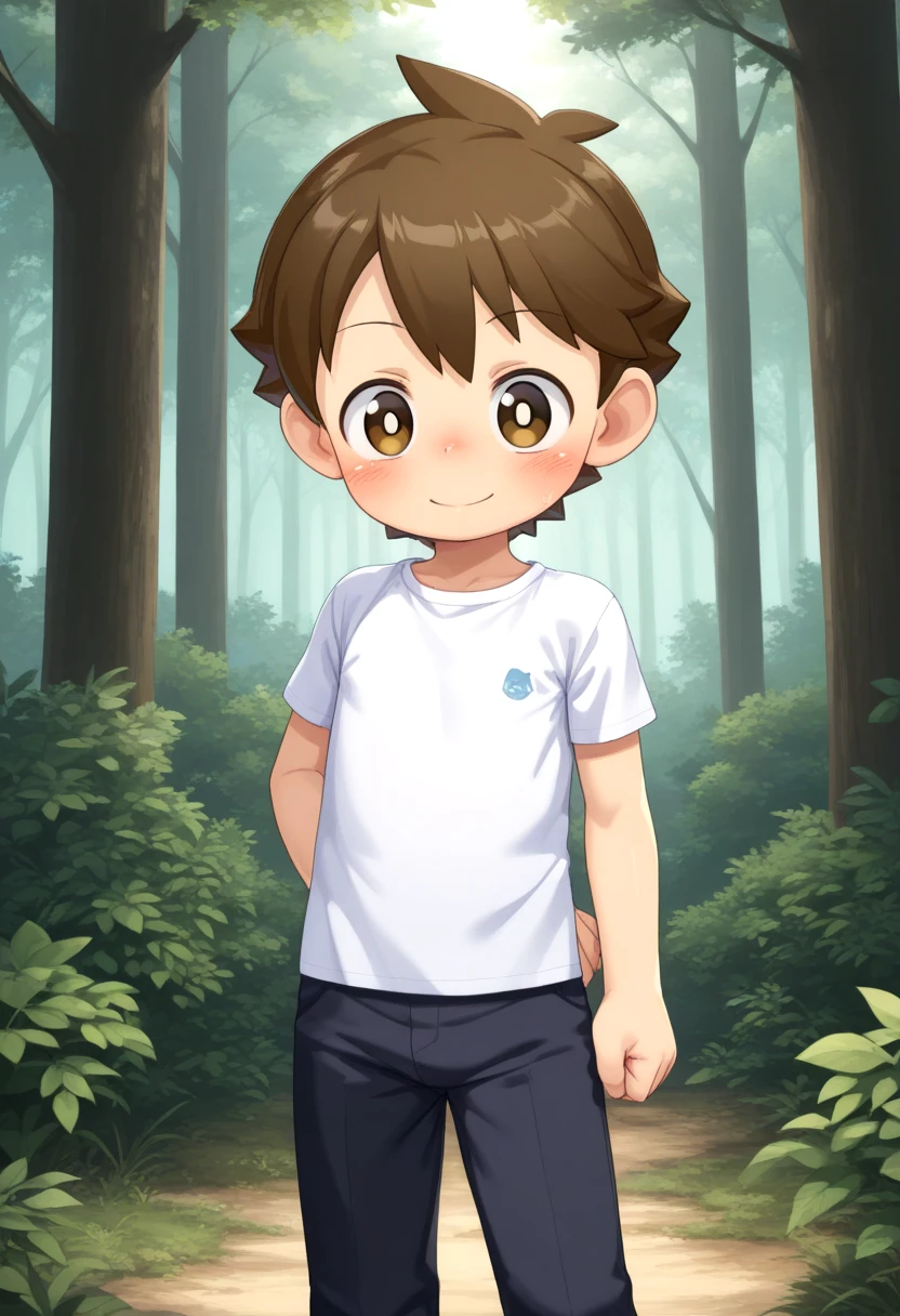 <lora:cutifiedanimecharacterdesign_variant_type_E_IL_v10:1>
forest,
type_e, blush, brown eyes,male focus, brown hair, pants, 1boy, hapy face expression, smile, shirt, solo,