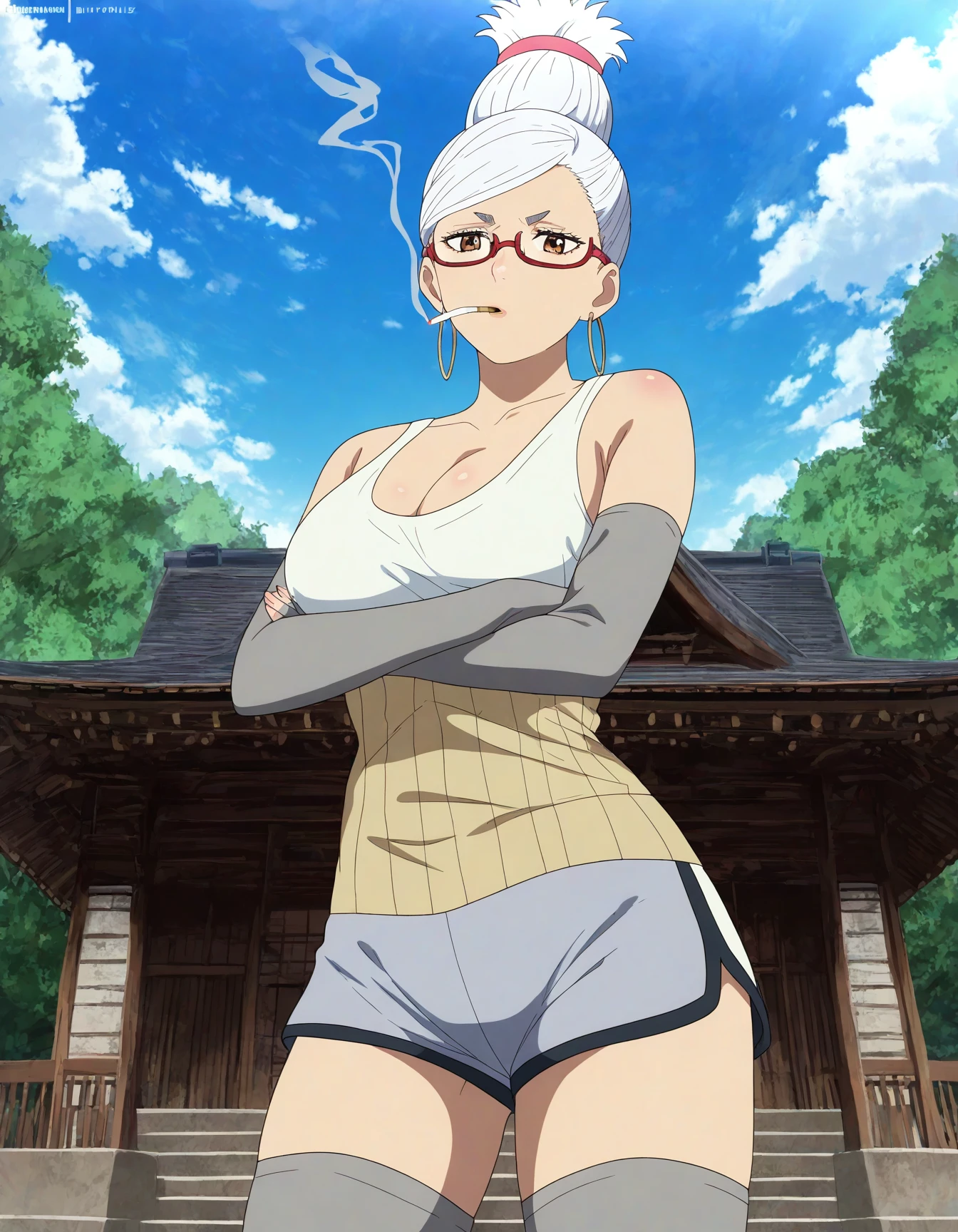 masterpiece, best quality, absurdres, highres, cinematic light, 1girl, <lora:ayase_seiko:1> seiko_wz, white hair, hair_up, red ornament, large breasts, red glasses, hair bun, single hair bun, hoop earrings, dolphin shorts, grey shorts, short shorts, grey elbow gloves, fingerless gloves, grey thighhighs, white tank top, cleavage, haramaki, mature female, standing, looking at viewer, v-shaped eyebrows, cloud, blue sky, day, tree, nature, temple, crossed arms, cigarette, smoking, eufoniuz,