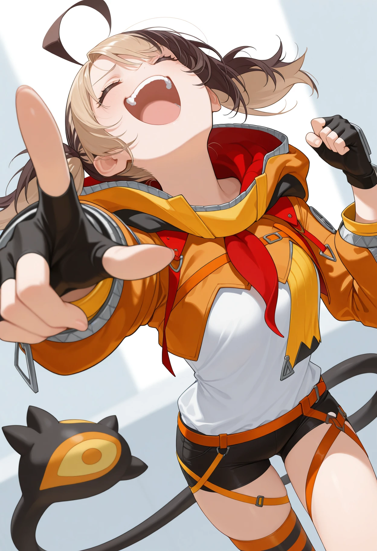 masterpiece, best quality, 1girl, solo, GigiBase, multicolored hair, short twintails, ahoge, hood down, orange jacket, cropped jacket, white shirt, black gloves, fingerless gloves, orange belt, black shorts, single thighhigh, striped thighhigh, tail, closed eyes, head back, open mouth, laughing, pointing at viewer, foreshortening, dutch angle, <lora:ChamGigiMurinIllustriousXL:1>
