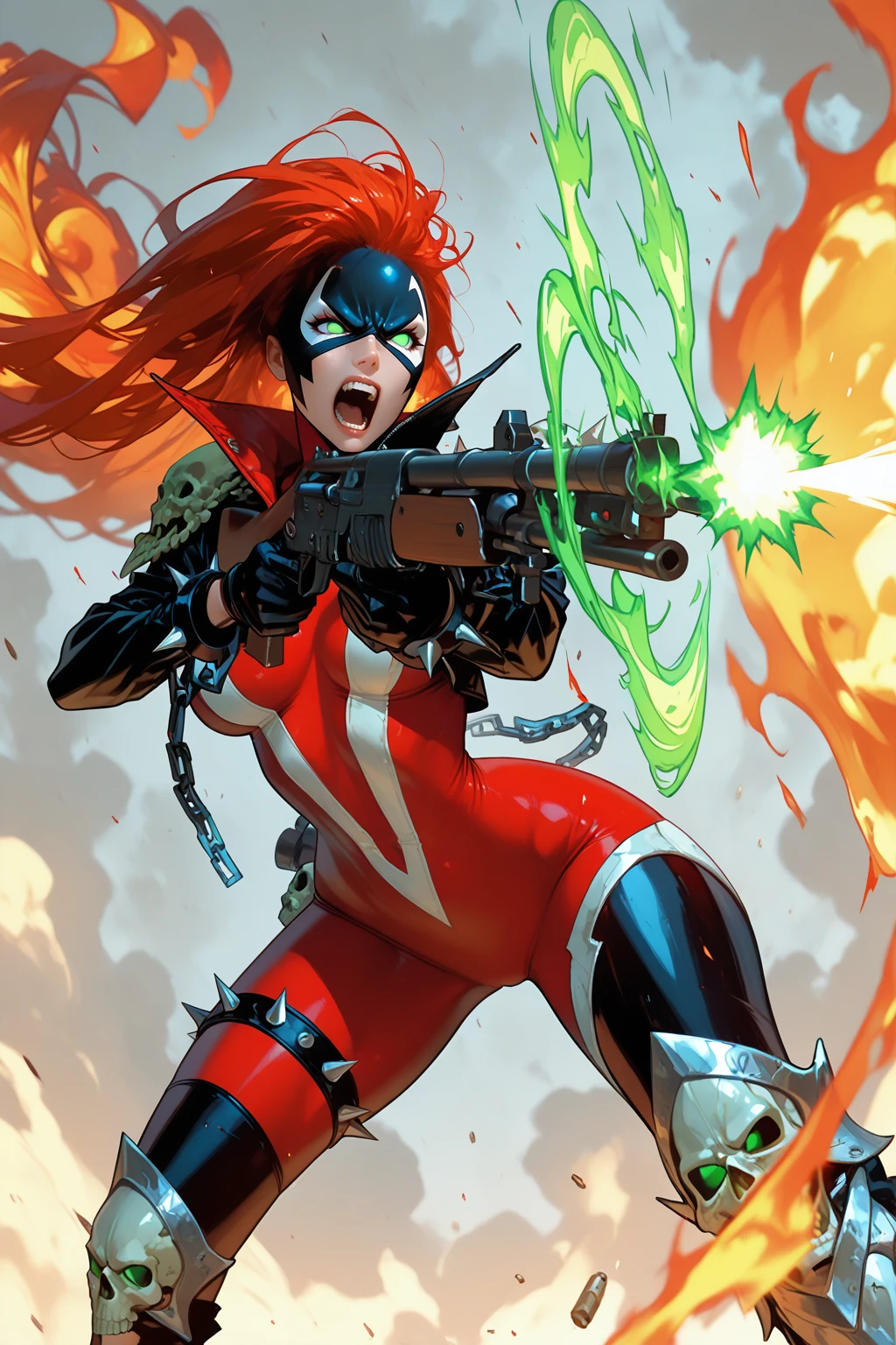 masterpiece, good quality, best quality, very awa, very as2, absurdres, highres
<lora:She SpawnilluLoRA:1>sespwn, long hair, mask, green eyes, no pupils, leather jacket, bodysuit, high collar, gloves, spikes, chain, skull pauldrons, thigh strap, spiked bracelet, greaves, boots
magic, fire, weapon, rifle, holding gun, angry, open mouth, teeth, aiming, firing