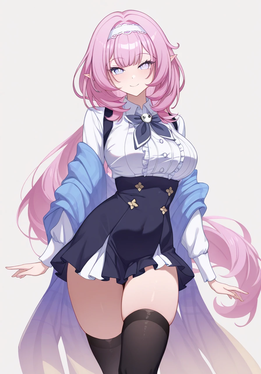 masterpiece, best quality, highres, simple background, looking at viewer, smile,
1girl, solo, elysia-coco, hairband, black thighhighs,
<lora:elysia_il_v1:0.8>