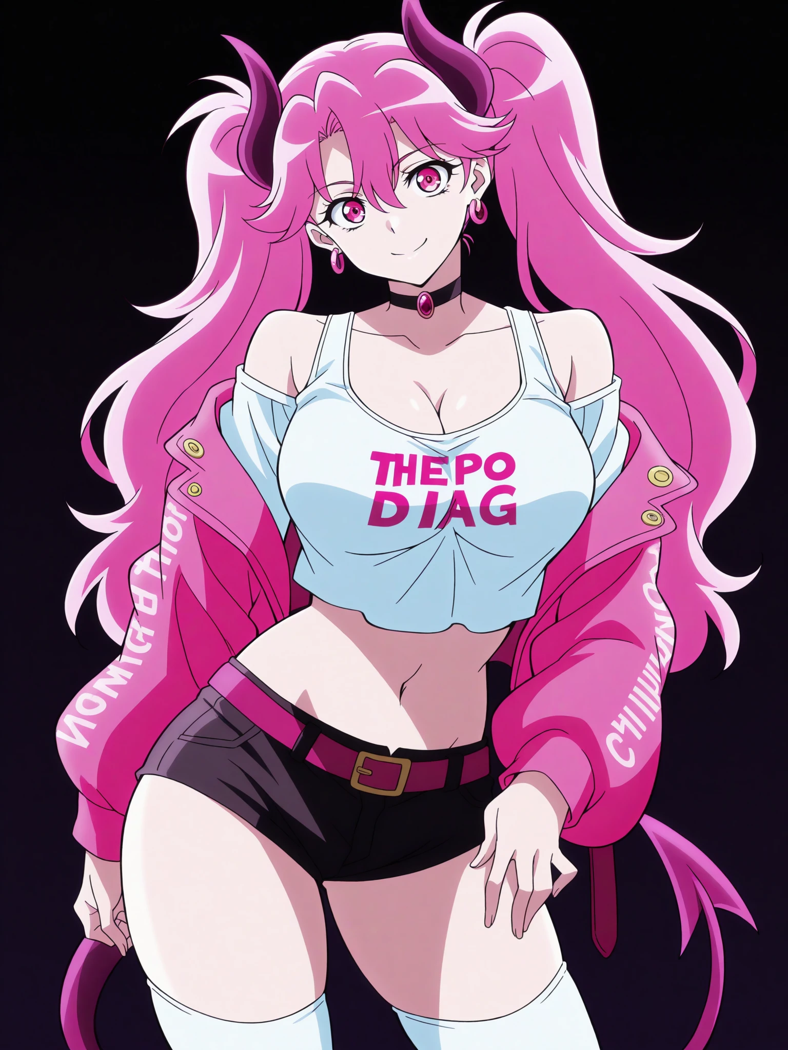 1girl, solo, breasts, tail, pink_hair, horns, demon_tail, shorts, jacket, twintails, large_breasts, smile, looking_at_viewer, long_hair, navel, choker, black_background, pink_eyes, short_shorts, belt, demon_girl, pink_jacket, demon_horns, simple_background, tank_top, open_jacket, cleavage, black_shorts, open_clothes, thighhighs, off_shoulder, bare_shoulders, closed_mouth, head_tilt, hair_between_eyes, cowboy_shot, jewelry, micro_shorts, collarbone, black_choker, white_thighhighs, crop_top, bangs, earrings, clothes_writing, shirt, midriff, standing, see-through, contrapposto, long_sleeves,
<lora:Jojo_Phantom_Blood_Battle_Tendency_Illustrious_SD8:1>