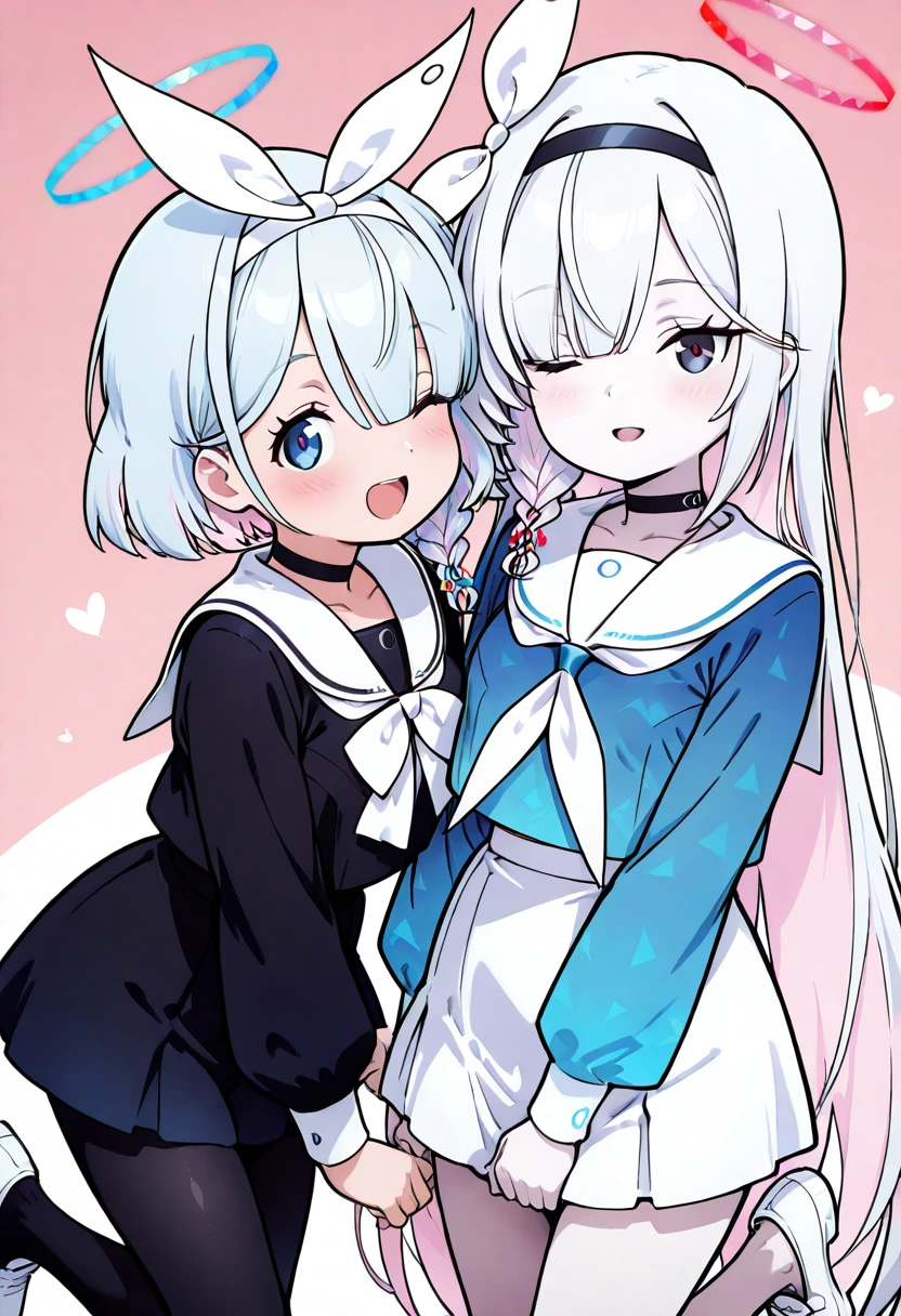 masterpiece, best quality, eyelashes, (beautiful eyes), long hair, blush, smile, short hair, open mouth, blue eyes, multiple girls, skirt, simple background, shirt, long sleeves, 2girls, zzPlana,very long hair, school uniform, blue hair, pink hair, braid, white hair, pantyhose, pleated skirt, hairband, one eye closed, shoes, serafuku, choker, sailor collar, hair over one eye, neckerchief, legs, black pantyhose, halo, white footwear, white skirt, ;d, black serafuku, white sailor collar, bow hairband, white neckerchief, blue serafuku, zzArona , <lora:PlanaArona_IXL:1.0>,