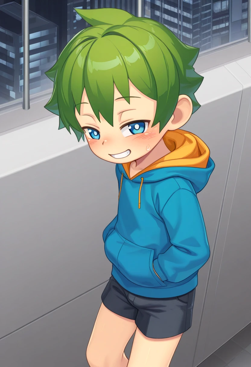 <lora:cutifiedanimecharacterdesign_variant_type_E_IL_v10:1>
type_e, blush, blue eyes,male focus, green hair, shorts, 1boy, solo, hapy face expression, grin, hoodie, hood down, short hair, city