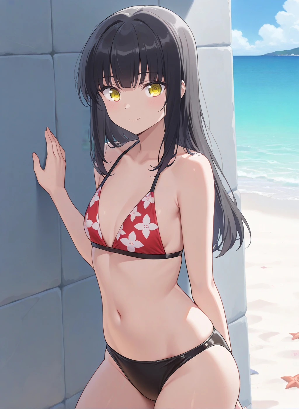 ((masterpiece、top-quality:1.5、a high chroma:1.5、ultra-detailliert、high-resolution illustrations:1.5、Ultra-high-definition CG、8k size wallpaper、offcial art))、((from above:1.5)),(1woman,),(cute face:1.5,cute eyes:1.5)、(;3),(;3),
((;3),:1.3)、(sexy body),(sit knees up:1.5),(red micro bikini:1.5)、,(multicolored hair:1.5), (large breasts)、(erotic oil skin:1.5),(curvy:1.3)、(Portrait)
,(Shining yellow eyes:1.5),(midsummer beach strong sunlight:1.5)、(upper body:1.5)、animesque