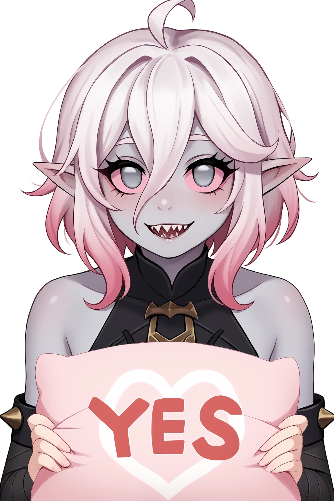 score_9, score_8_up, score_7_up, score_6_up, BREAK, BriarLoLXLv2, grey skin, colored skin, no pupils, grey eyes, pink sclera, white hair, pink hair, two-tone hair, gradient hair, short hair, hair between eyes, ahoge, pointy ears, sharp teeth, medium breasts, bare shoulders, black thight dress, detached sleeves, black bandaged sleeves, looking at viewer, seductive smile, white background, YesNoPillowConceptPXL, upper body, yes, pink pillow, holding pillow <lora:YesNoPillowConceptPXL:0.9>  <lora:BriarLoLXLv2:0.8>