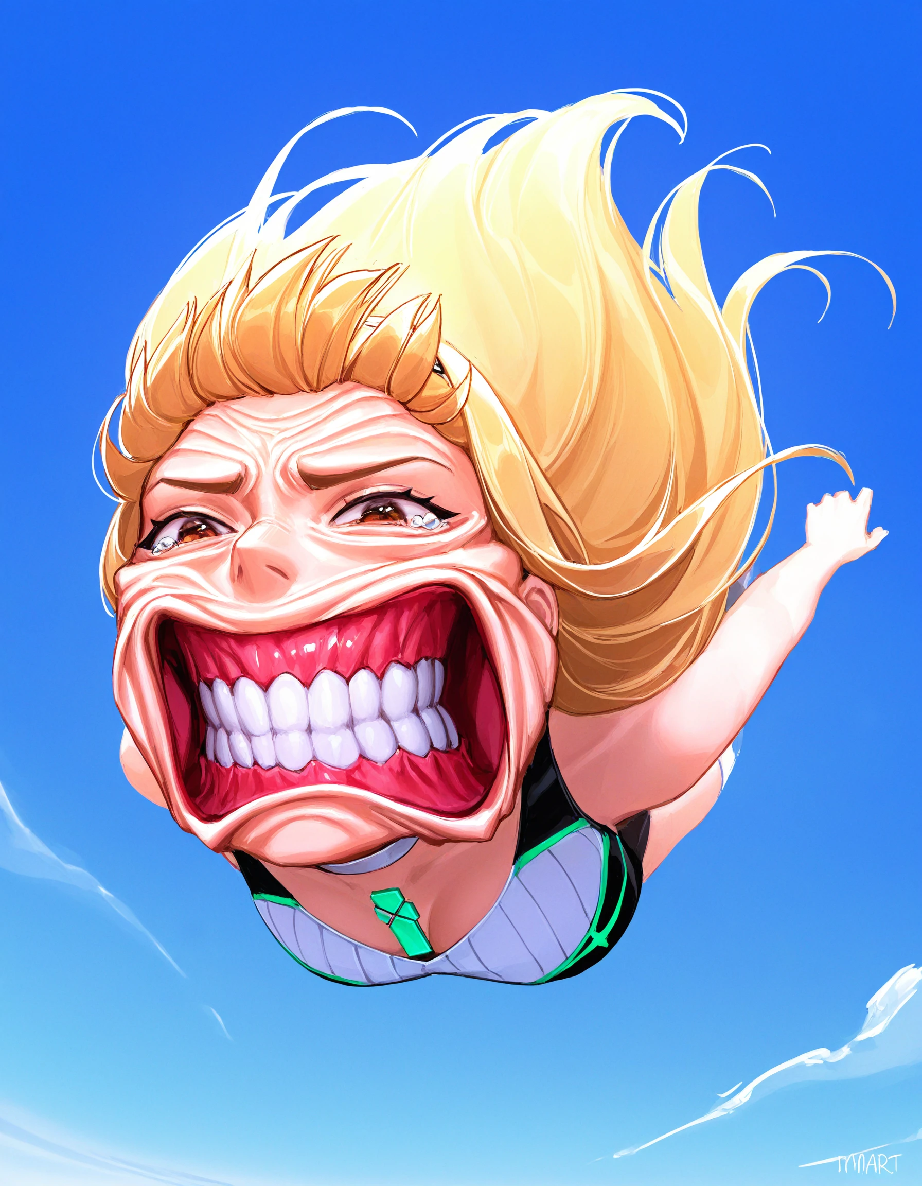 limart,1girl,solo,mythra \(xenoblade\),floating,falling,skydiving,full body,(clenched teeth:1.4),wrinkled skin,upper body,squinting,looking down,from below,wind,floating hair,(red insides:1.1),(big mouth:1.1),tearing up,looking ahead,three quarter view,outdoors,masterpiece, best quality, absurdres, highres, <lora:gforcenoobDORAfrv2-000008:0.9>