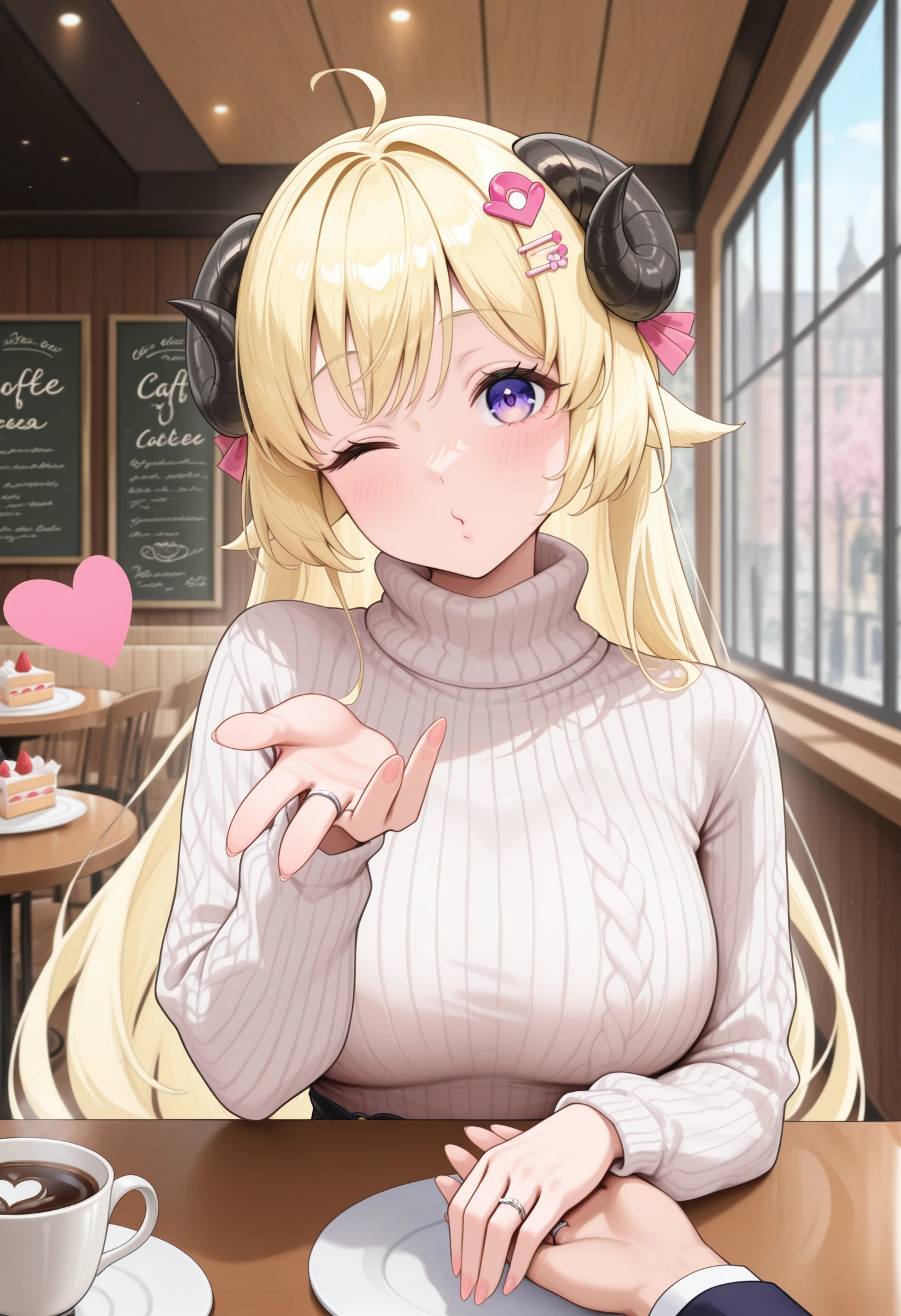 masterpiece, best quality, newest, absurdres, highres, 1girl, blowing kiss, heart, <lora:FrierenBlowingKissMeme_illusXLNoobAI_Incrs_v1-000010:1>, upper body, looking at viewer, smile, one eye closed, <lora:ChamTsunomakiWatameIllustriousXL:1>, WtmBase, horns, blonde hair, purple eyes, very long hair, ahoge, pink hair ornament, pov across table, turtleneck sweater, cafe, coffee, cake, indoors, wedding ring, head tilt, pov hands, holding hand, nails,