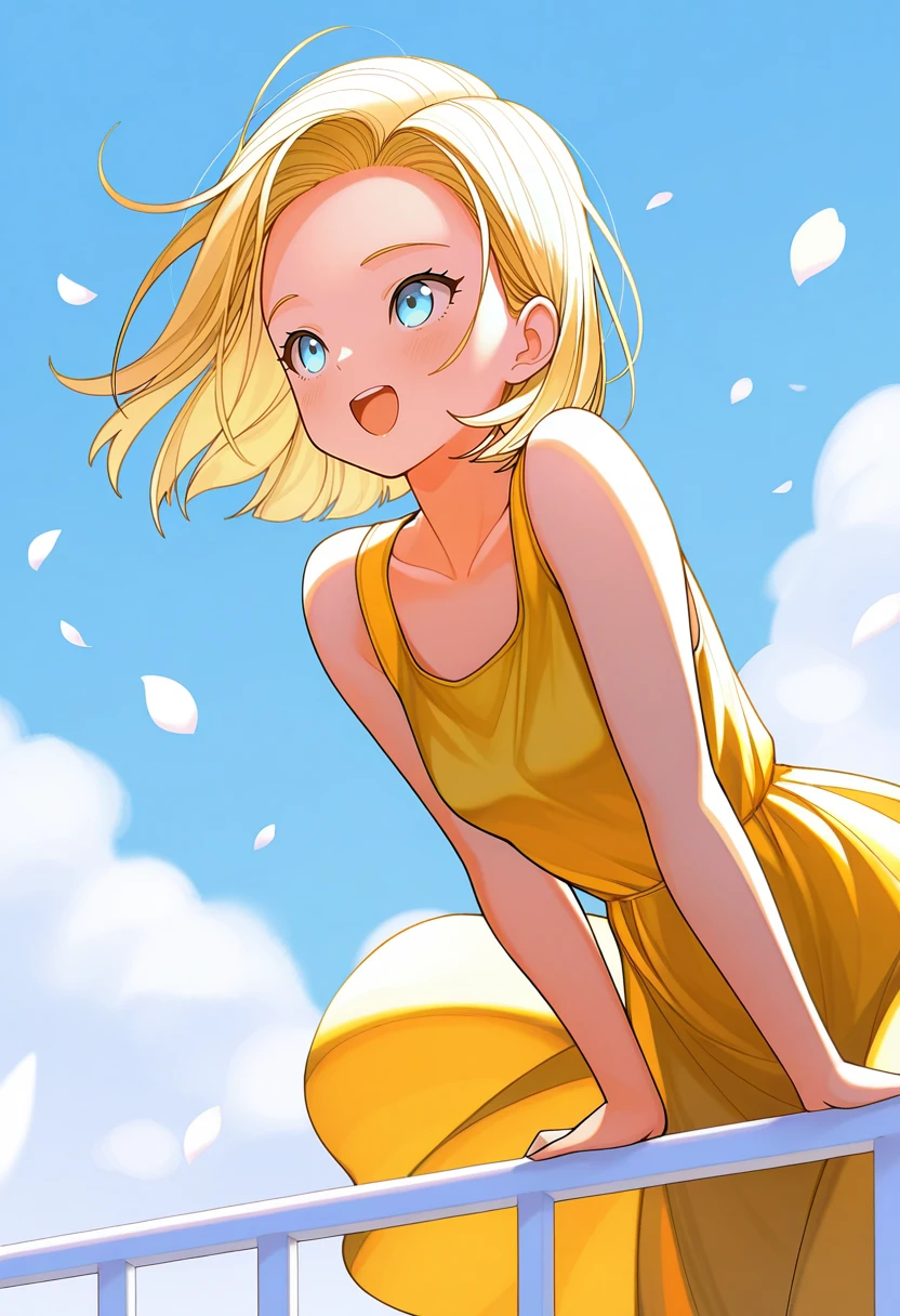 masterpiece, best quality,a18, 1girl, solo, blonde hair, light blue eyes, short hair, yellow sundress, white petals, wind, blue sky, white wooden railing, open mouth, happy, awestruck,hand on railing, leaning forward,grabbing,looking afar, <lora:Android18IllusV2:1>