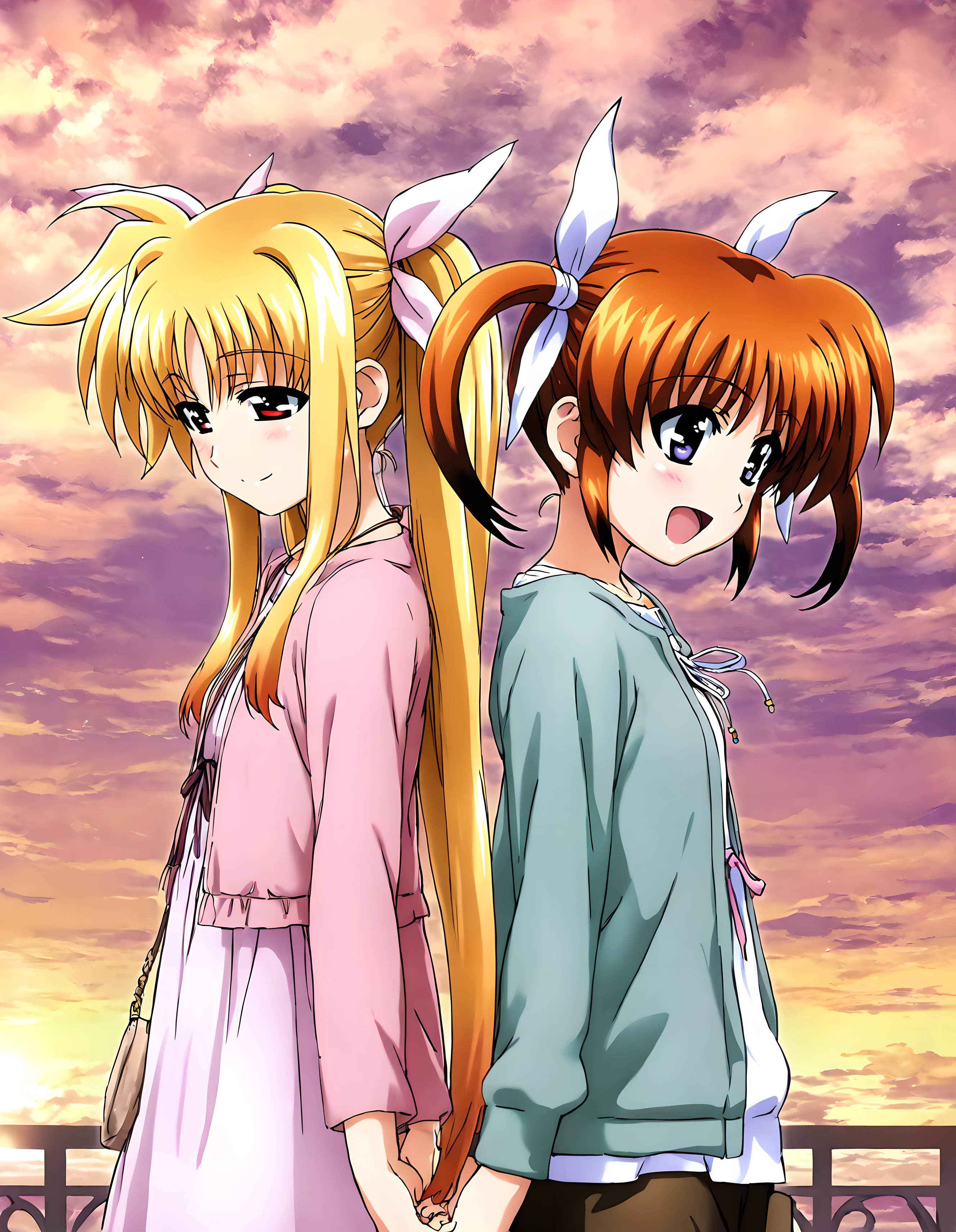 <lora:illustrious_XL_nanoha_v2:0.9>,nanoha,masterpiece,best quality,good quality,casual,smile,laughing,2girls,standing,eye_contact,back-to-back,holding hands,fate testarossa,hair_ribbon,