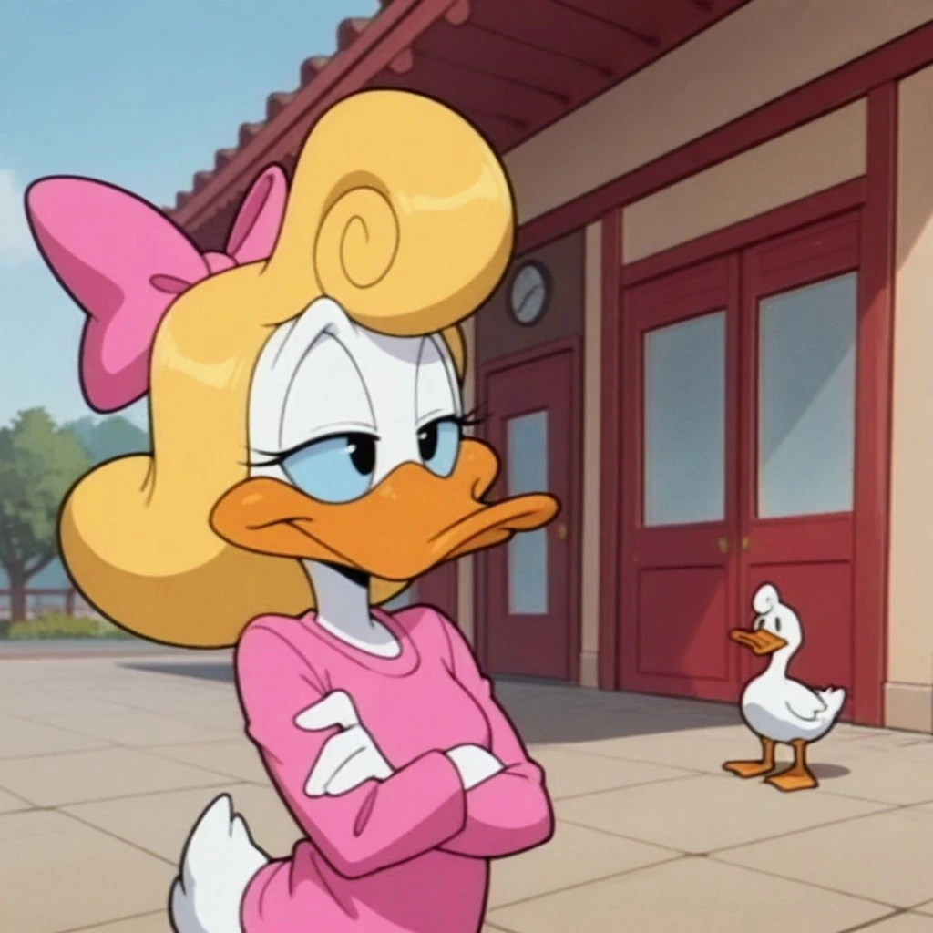 masterpiece, best quality, amazing quality, ShirleyttaIl, semi-anthro, female, duck, blonde hair, blue sclera, black eyes, white feathers, pink bow, pink shirt, outside, crossed arms