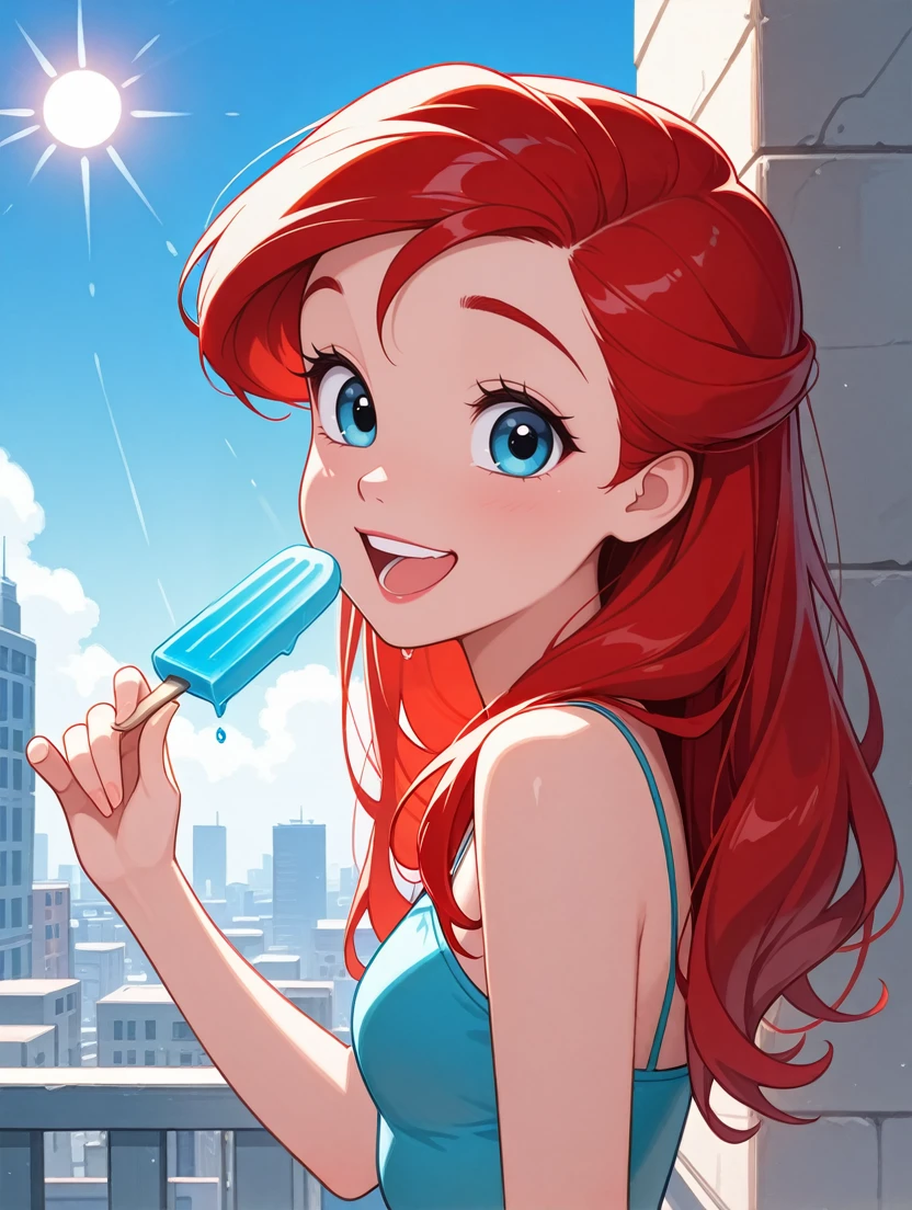 masterpiece, best quality, absurdres,
<lora:DisneyAriel:1.0>
DisneyAriel, 1girl, red hair, blue eyes, long hair, looking at viewer, excited, holding popsicle, blue sky, city, sun, from side