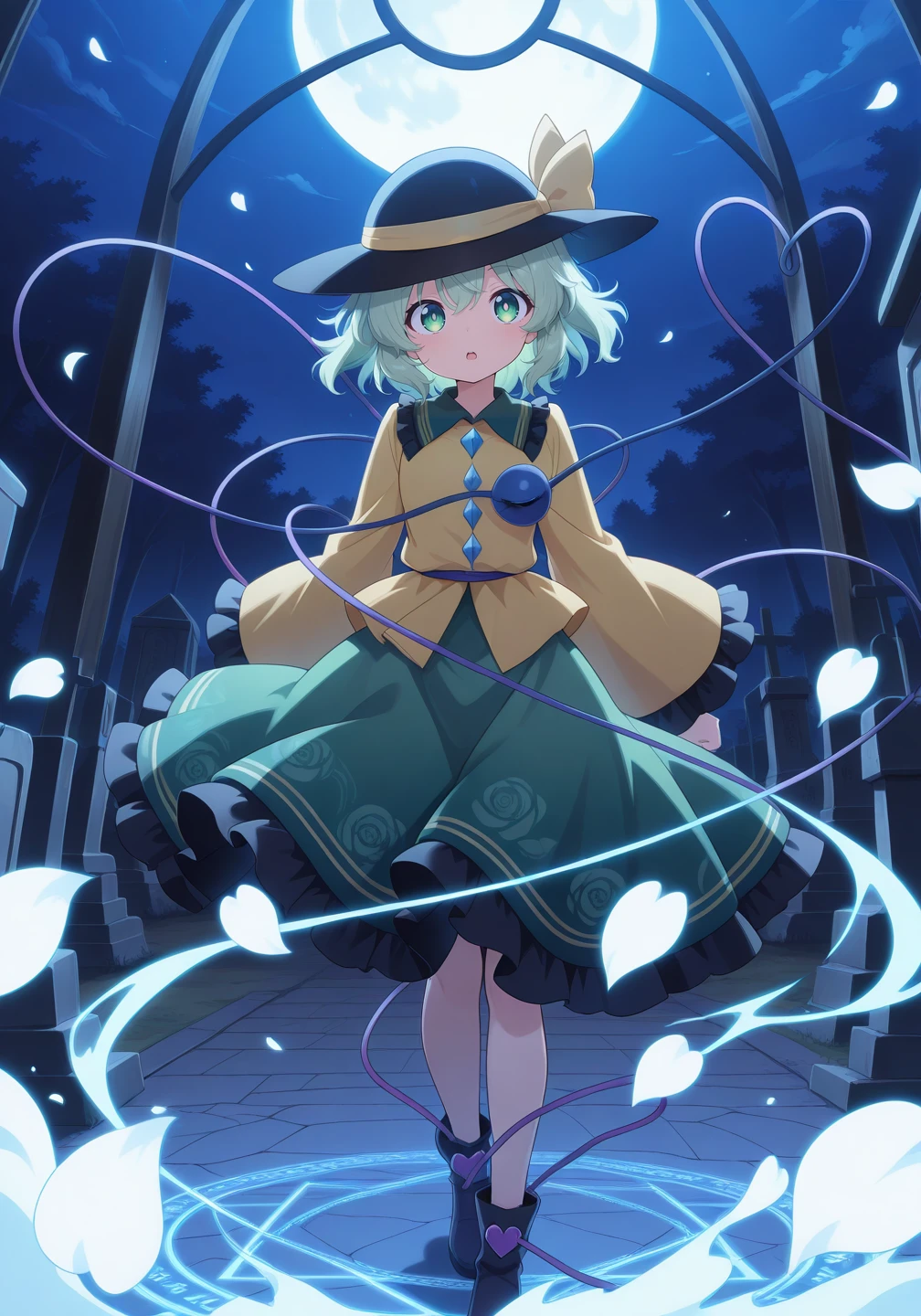 absurdres, highres, masterpiece, best quality, amazing quality, official anime artwork, screencap, anime screencap, indoors, moon, dark, night, dynamic pose,
<lora:Komeiji-Koishi_illustrious:1> komeiji koishi, 1girl, solo, third eye, eyeball, heart of string, green hair, green eyes,, yellow shirt, black hat, frilled sleeves, frilled shirt collar, wide sleeves, hat bow, green skirt, yellow bow, hat ribbon, diamond button, yellow ribbon, open mouth, magic circle, petals, wind effect, graveyard,