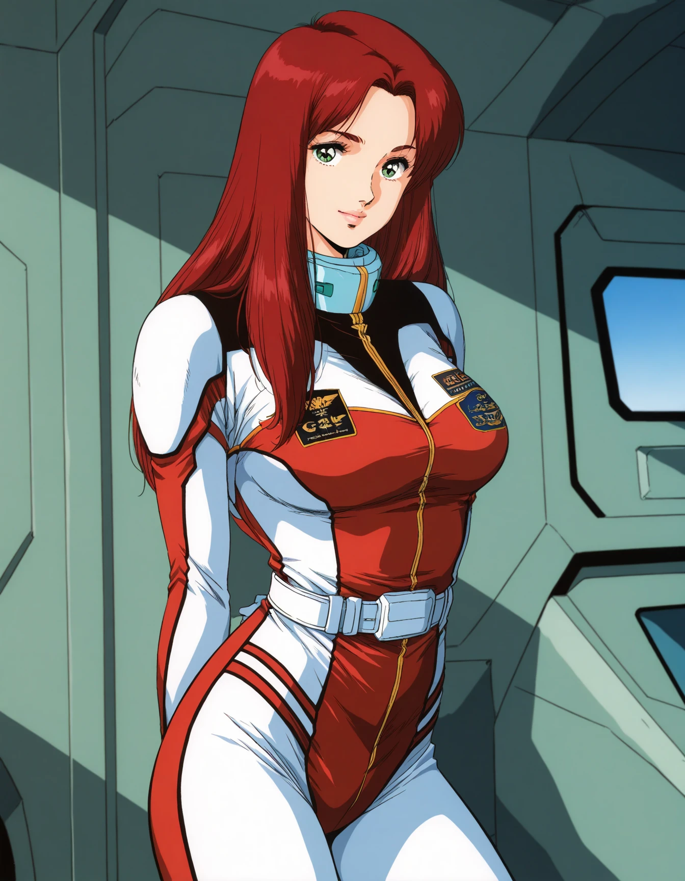 1990s style, anime, front view, closeup portrait of  (sleek white and red Robot with feminine features), black lipstick, large breasts, (boston dynamics), DARPA black project, mechanical joints, robotic parts, plastic, silicone, military robot, smooth, clean industrial background, cold atmosphere, bold colors, stencil, hires scan, breast worship, retro style, (Yoshiyuki Tomino)
